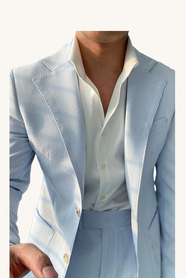 MONSEN Suitory Blue Seersucker Neapolitan Suit in Performance Blend front view