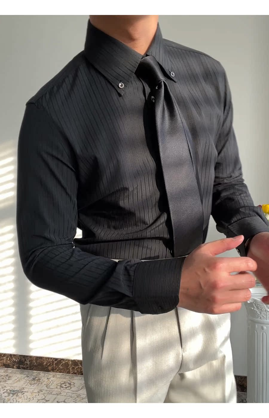 MONSEN Suitory Long-Point Collar Striped Shirt in Cotton product image