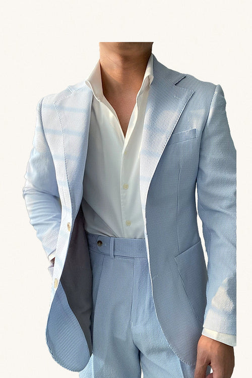 MONSEN Suitory Blue Seersucker Neapolitan Suit in Performance Blend product image
