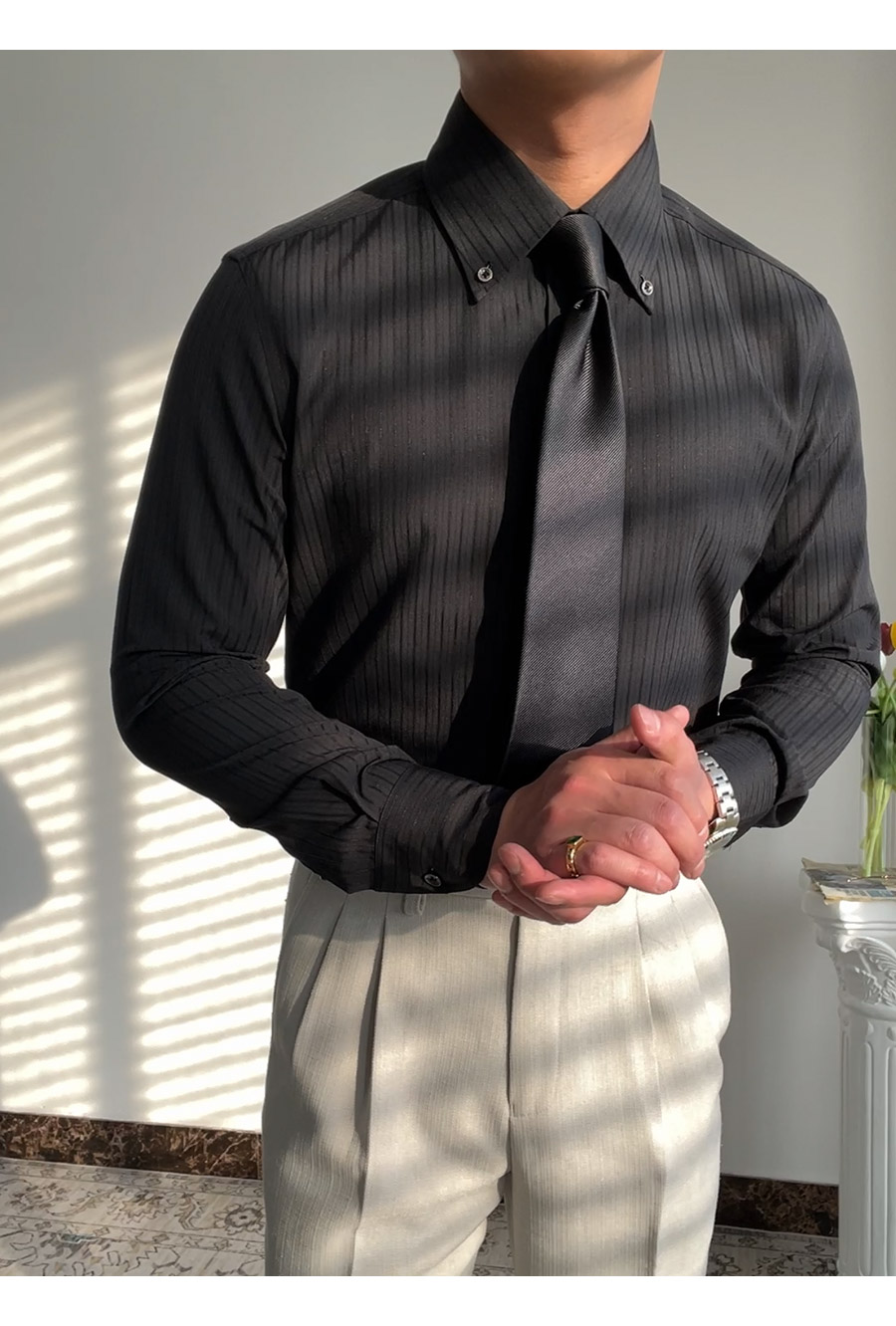 MONSEN Suitory Long-Point Collar Striped Shirt in Cotton product image