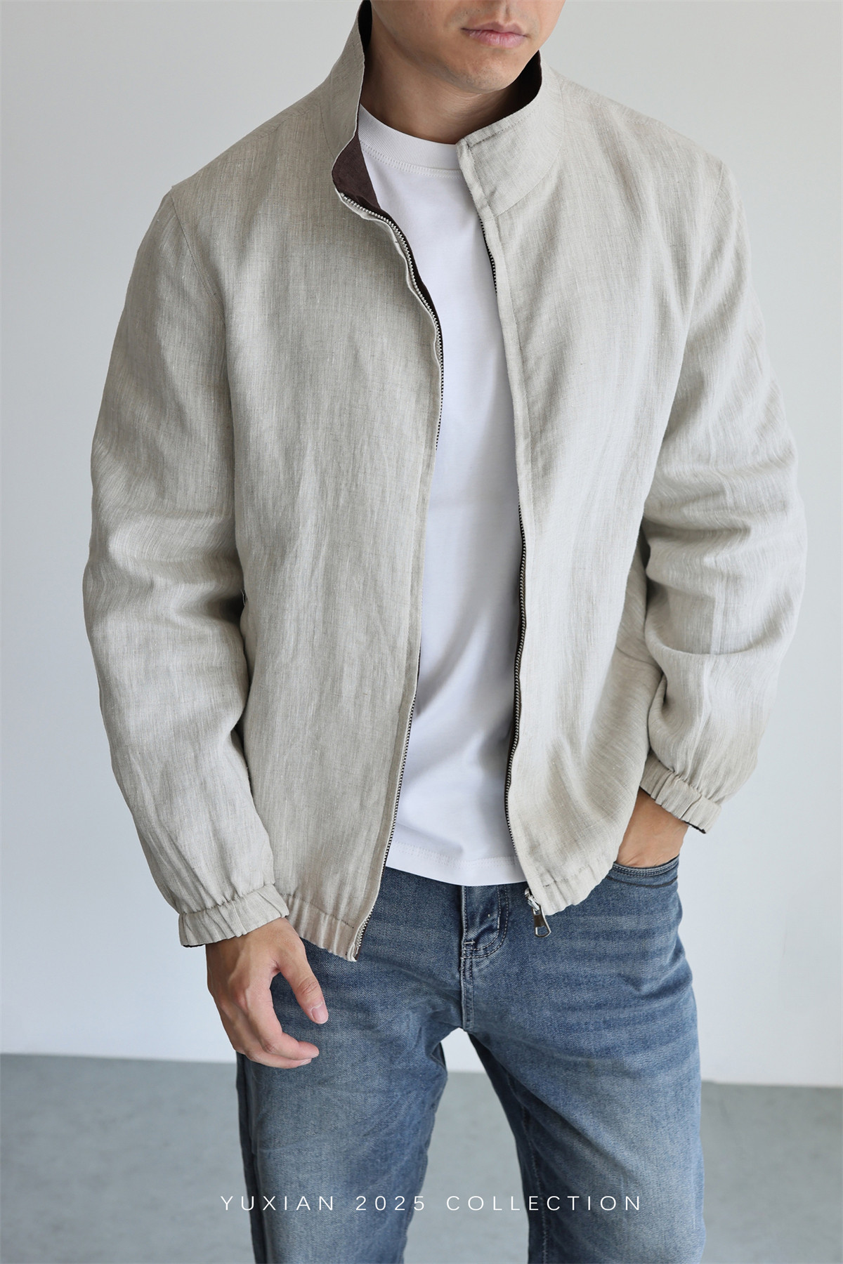 MONSEN Suitory Reversible 100% Linen Stand-Collar Jacket product image