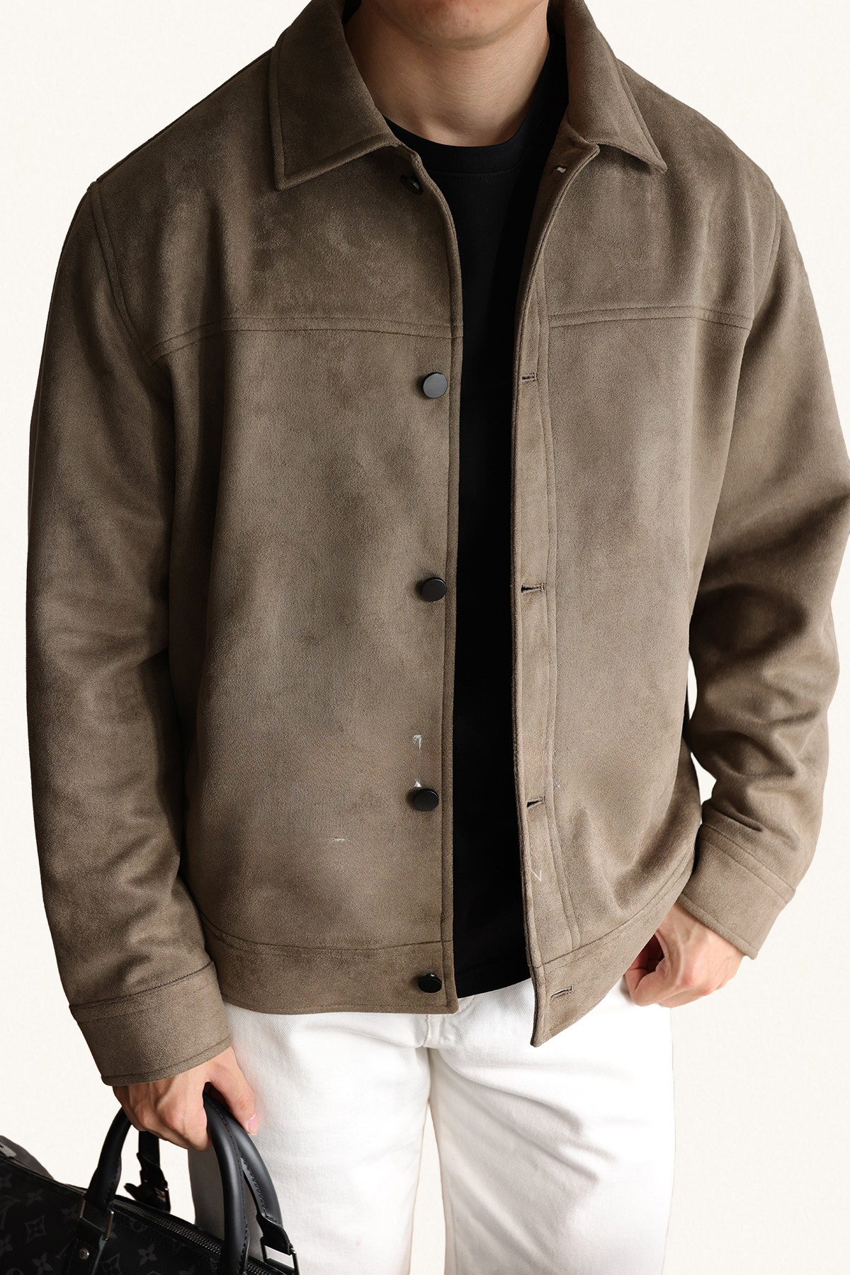 MONSEN Suitory Double-Brushed Faux Suede Lapel Jacket front view