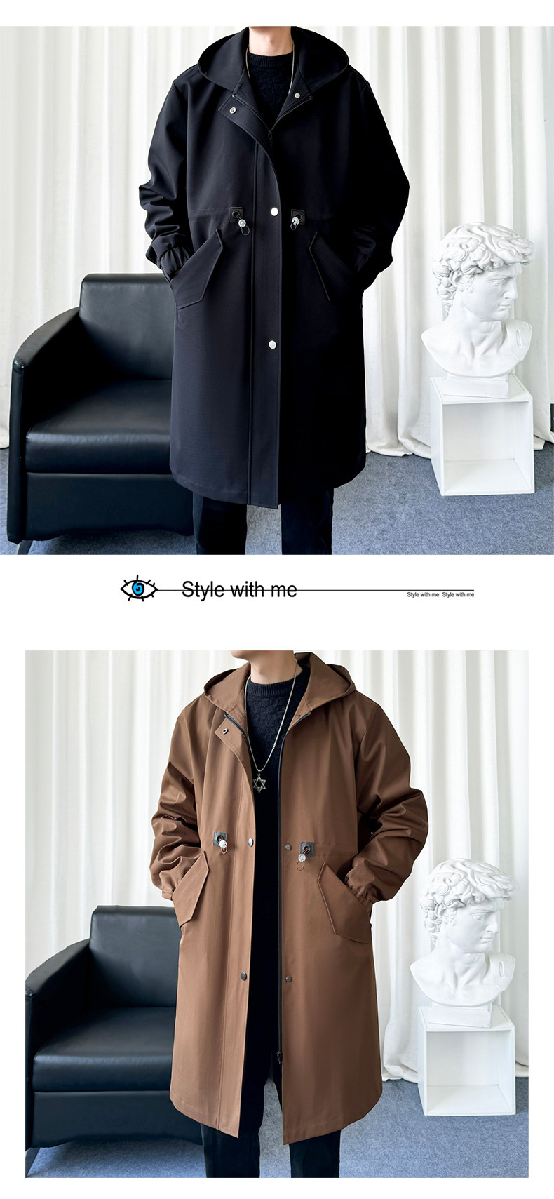 Mid-Length Hooded Trench-Style Coat