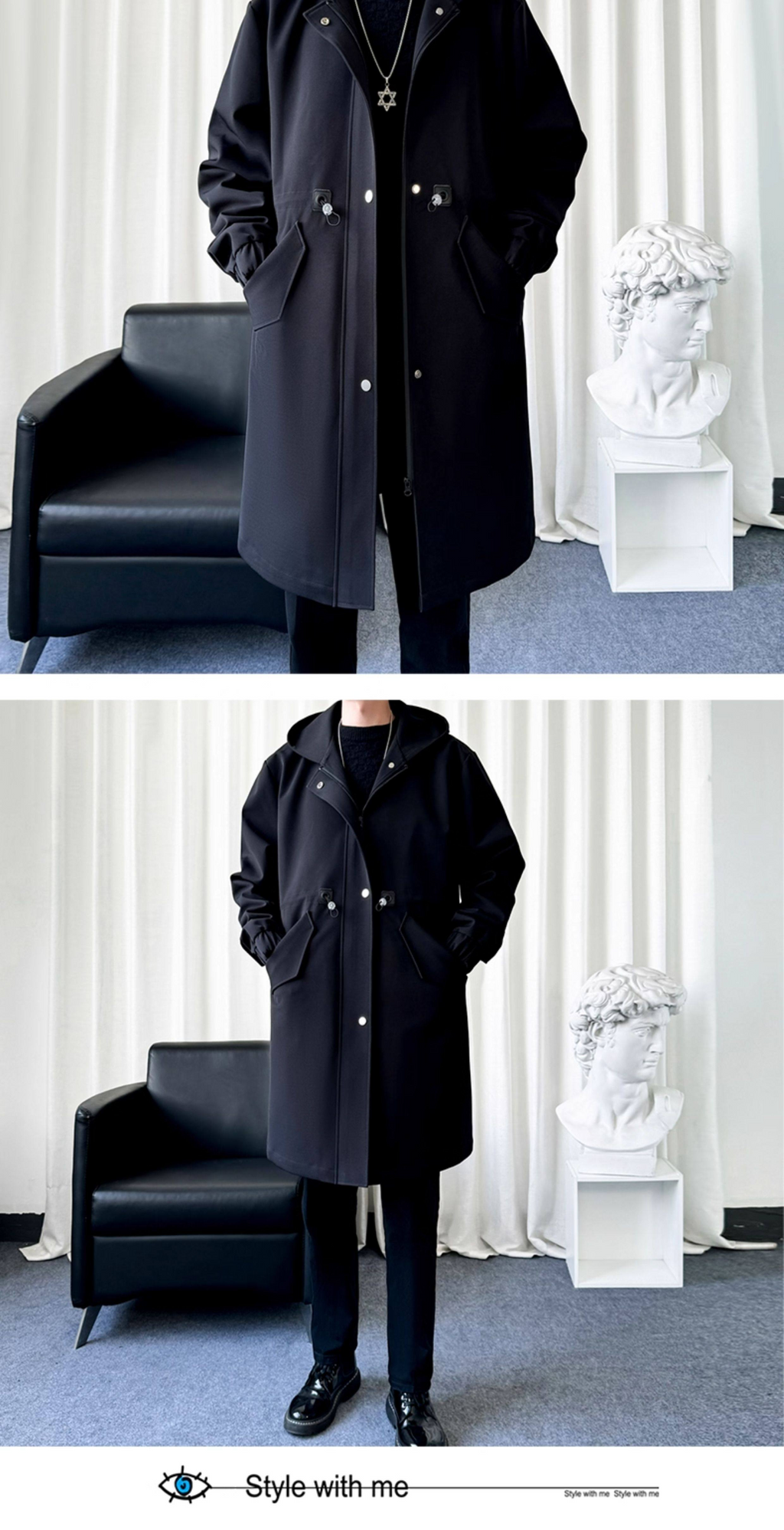 Mid-Length Hooded Trench-Style Coat