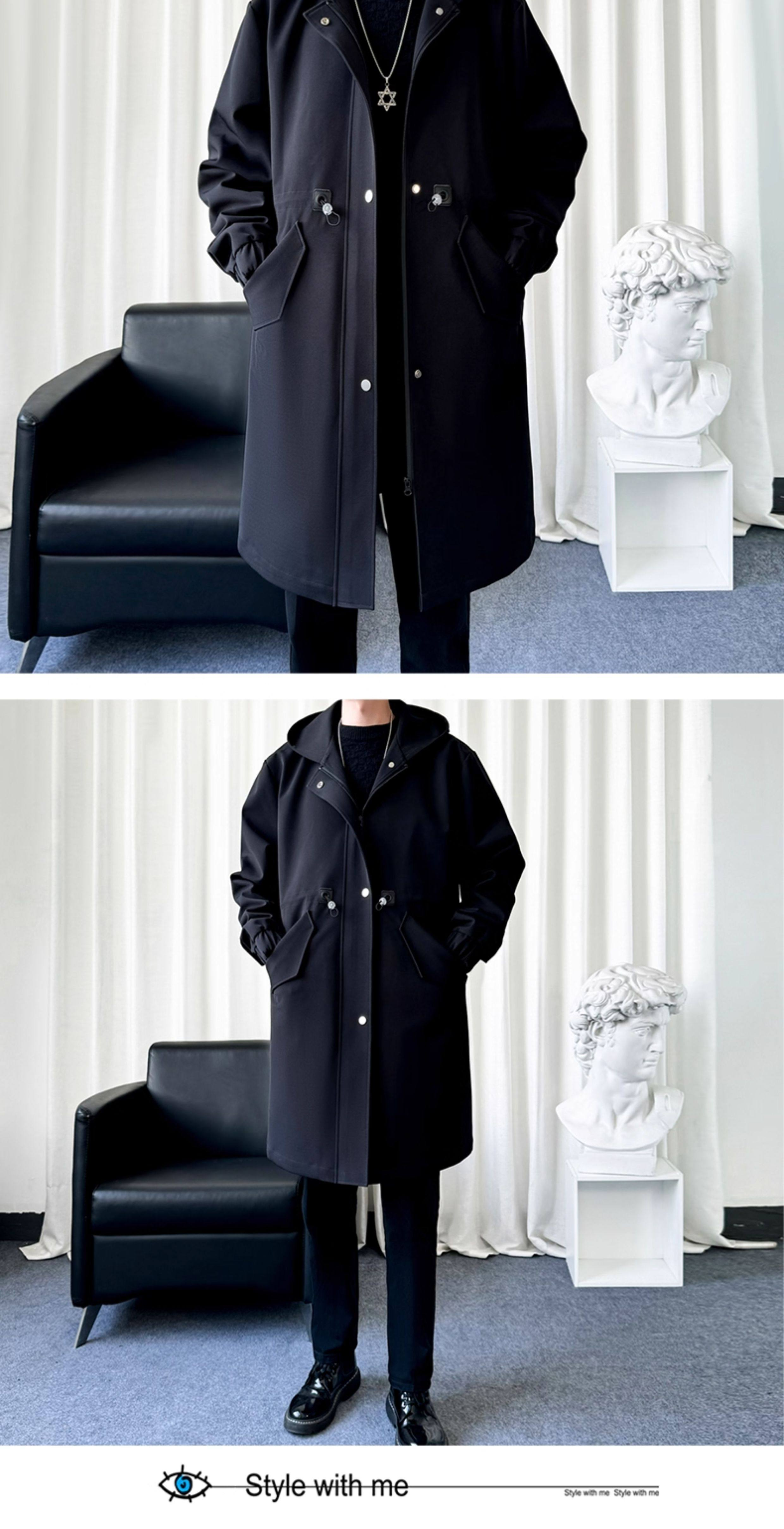 Mid-Length Hooded Trench-Style Coat