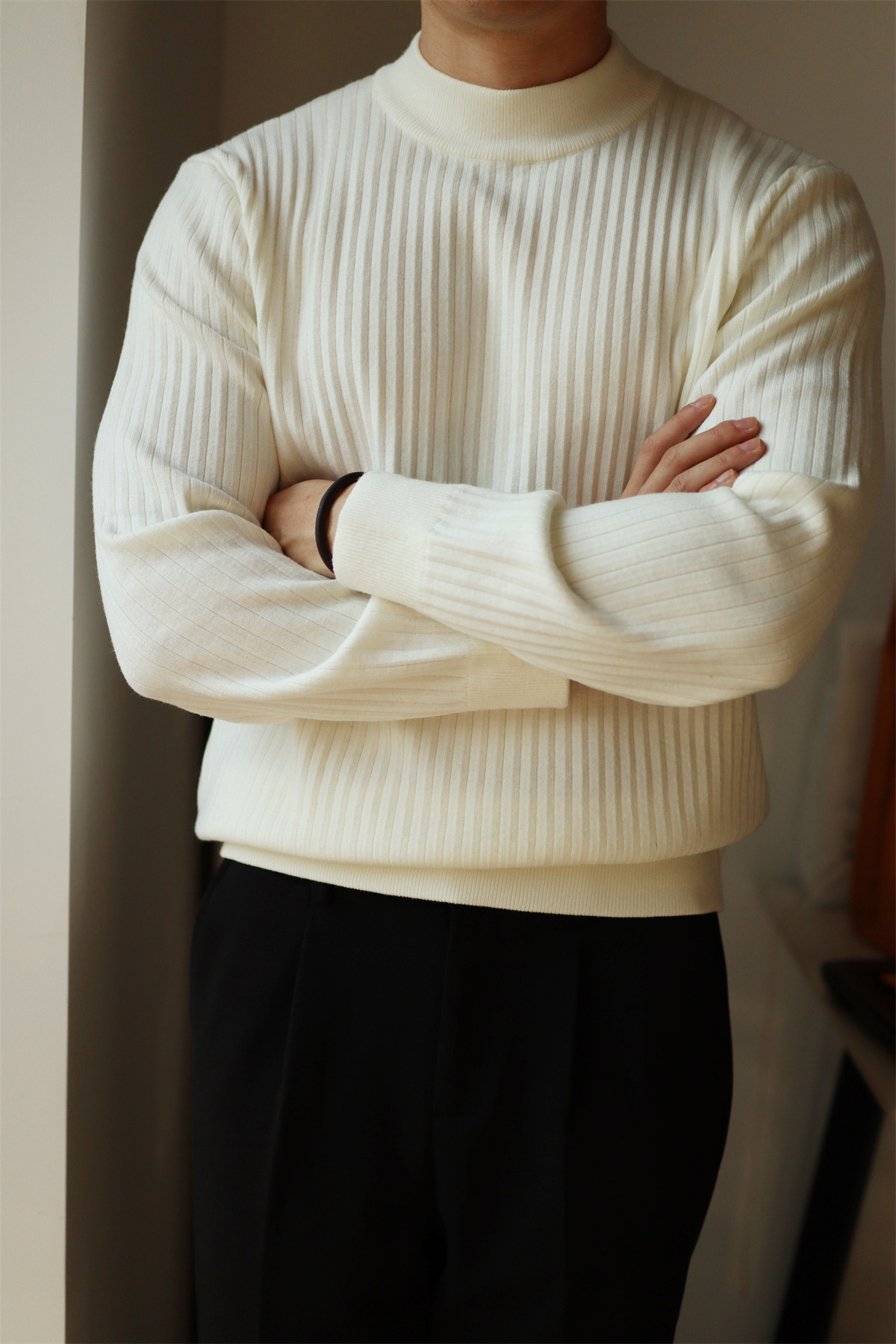 MONSEN Suitory Ribbed Mock Neck Knit Sweater in Fleece-Lined product image