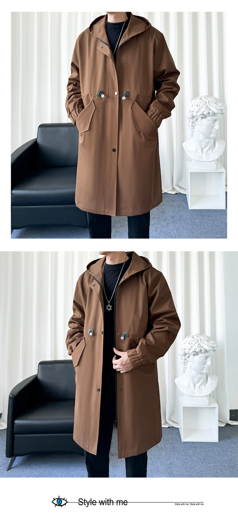 Mid-Length Hooded Trench-Style Coat