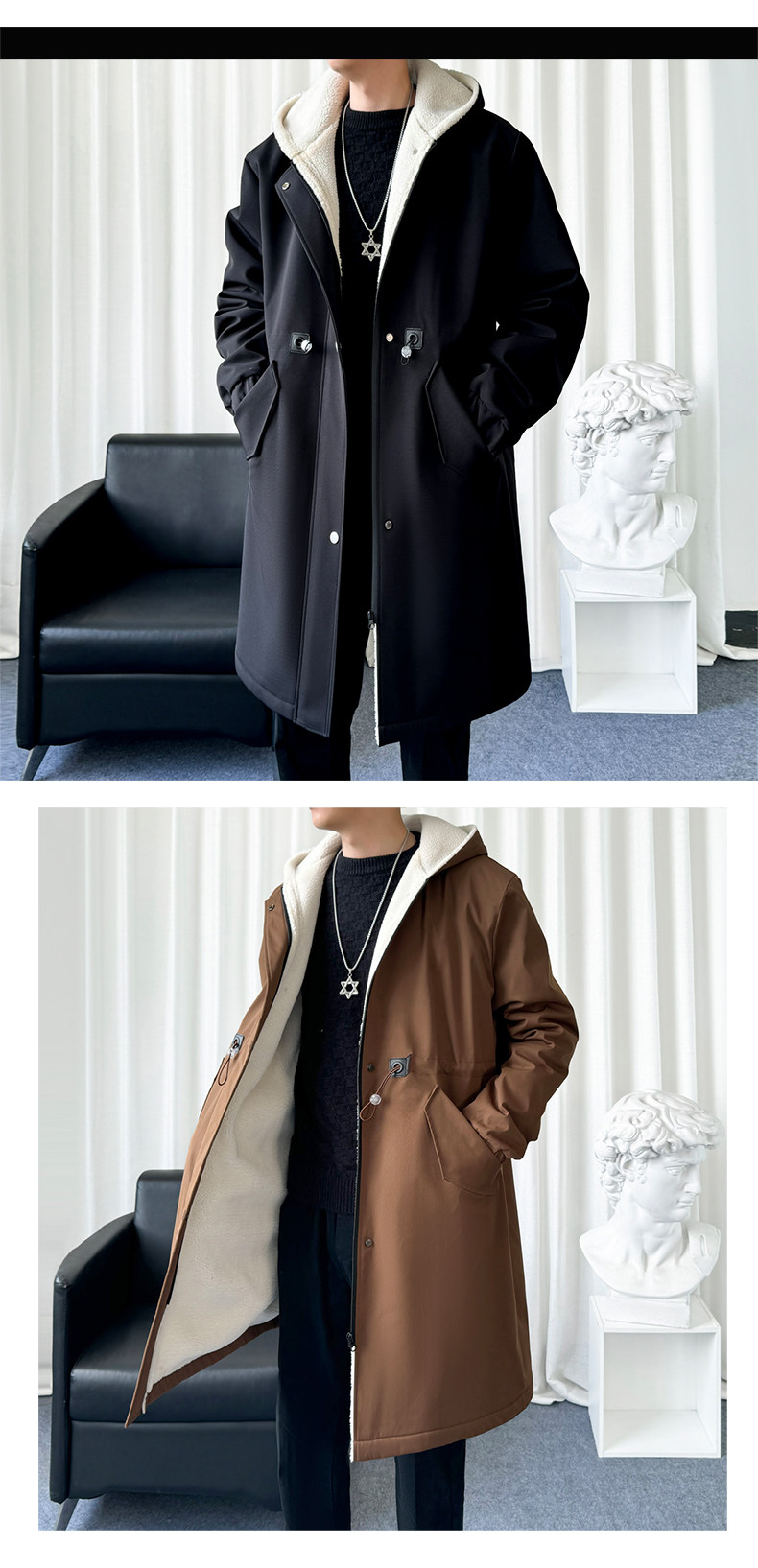 Mid-Length Hooded Trench-Style Coat