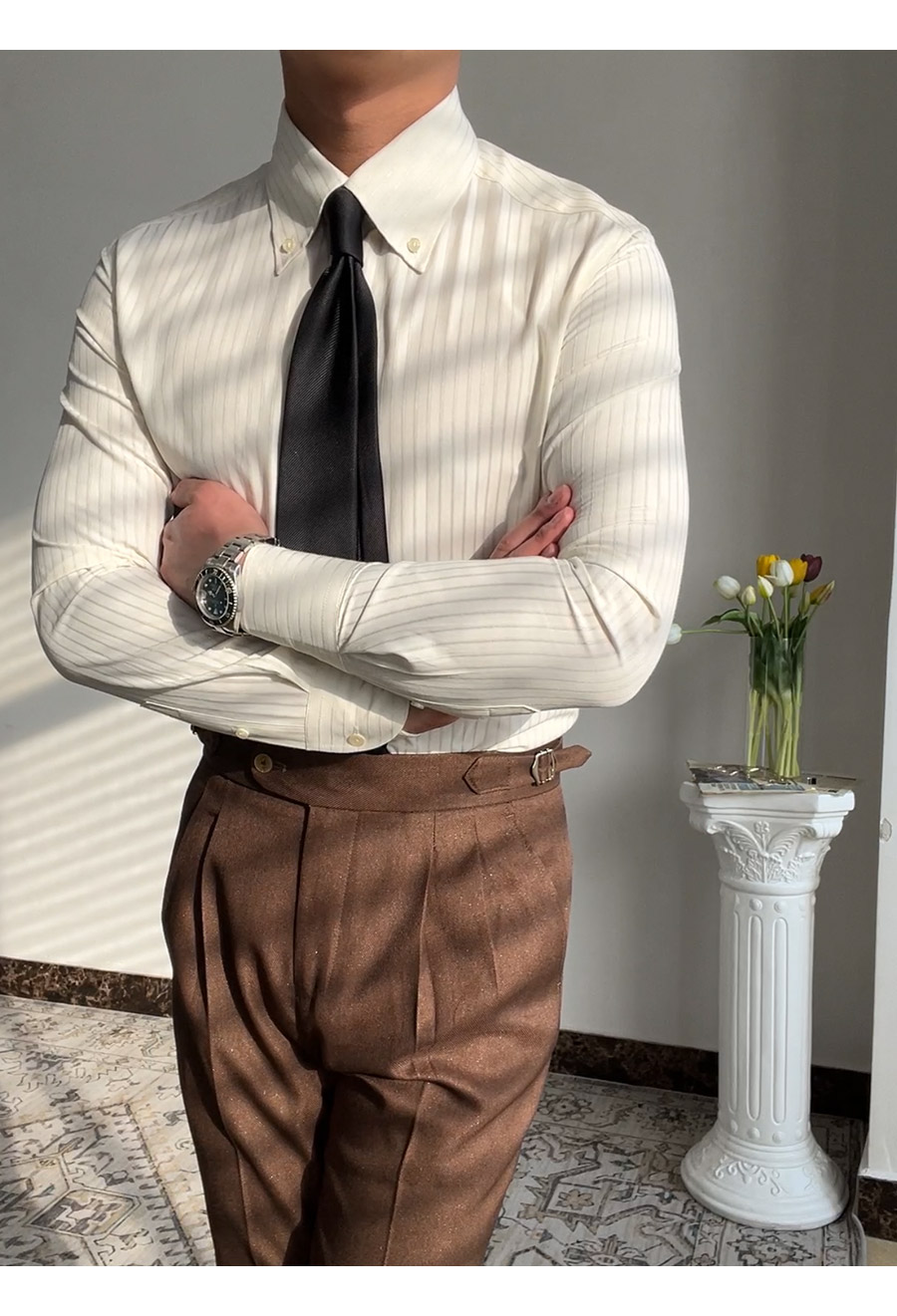 MONSEN Suitory Long-Point Collar Striped Shirt in Cotton product image