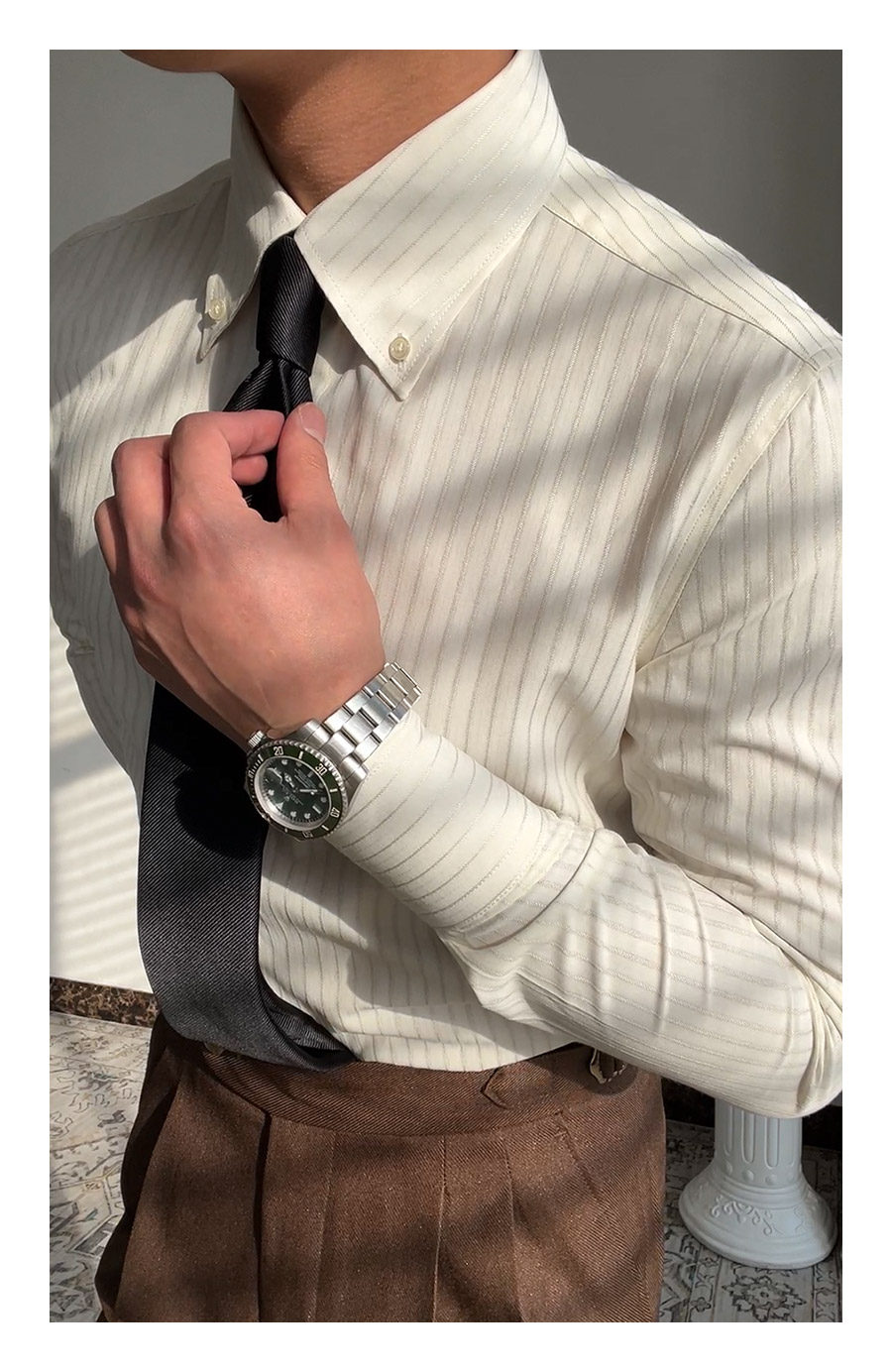 MONSEN Suitory Long-Point Collar Striped Shirt in Cotton product image