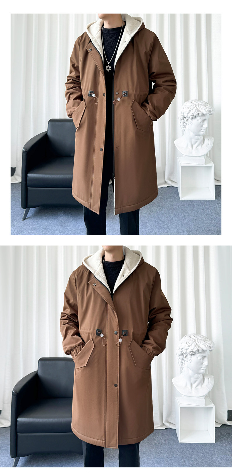 Mid-Length Hooded Trench-Style Coat