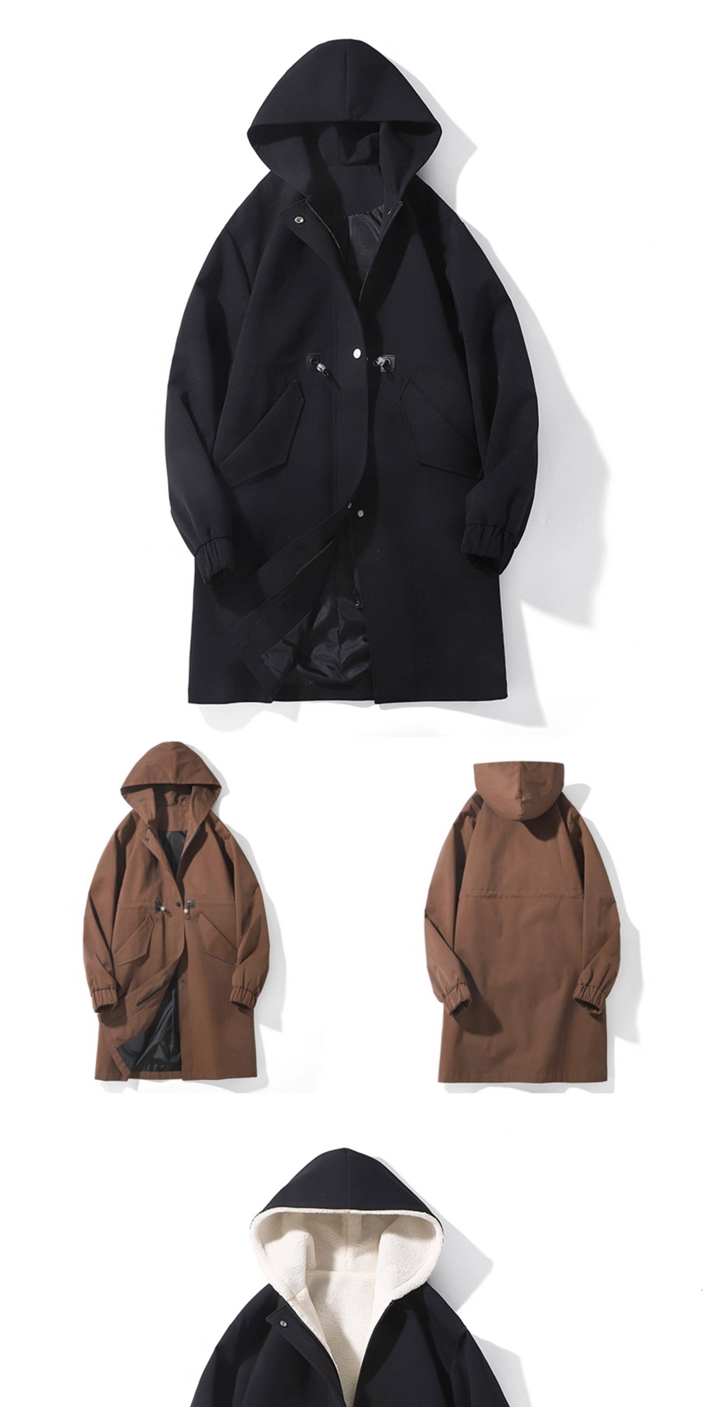 Mid-Length Hooded Trench-Style Coat