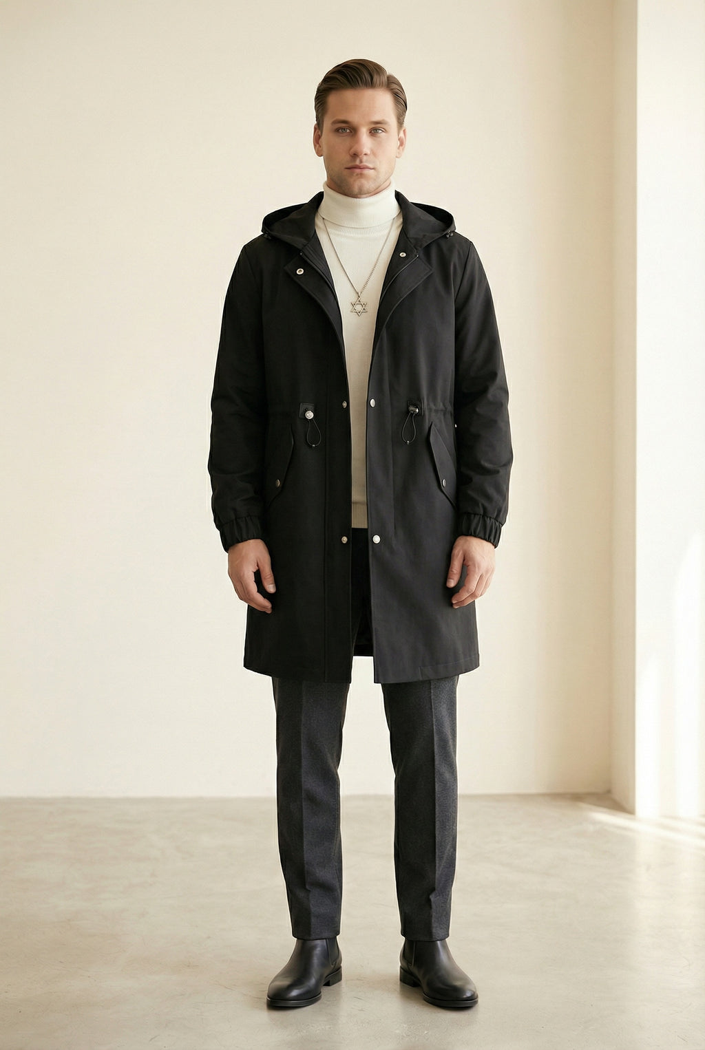 MONSEN Suitory Mid-Length Hooded Trench-Style Coat in Wool product image