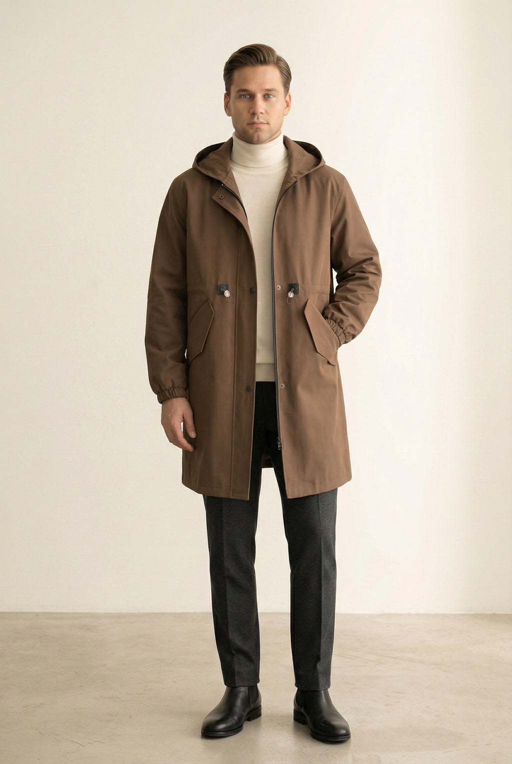 MONSEN Suitory Mid-Length Hooded Trench-Style Coat in Wool product image