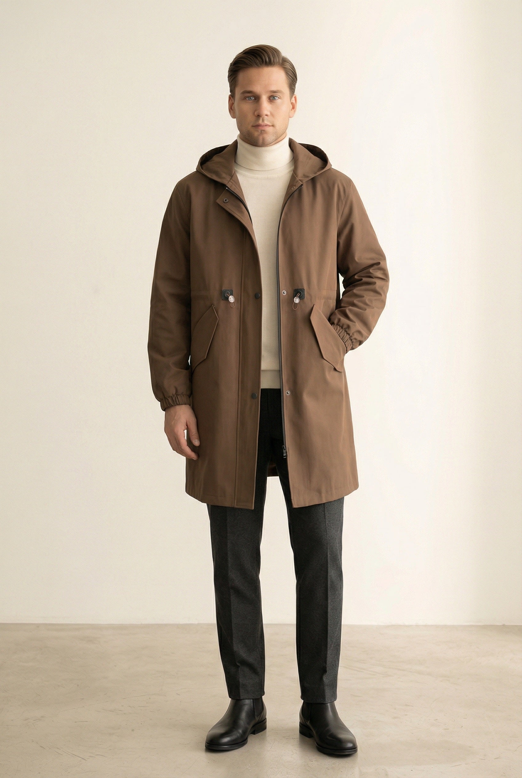 MONSEN Suitory Mid-Length Hooded Trench-Style Coat in Wool product image