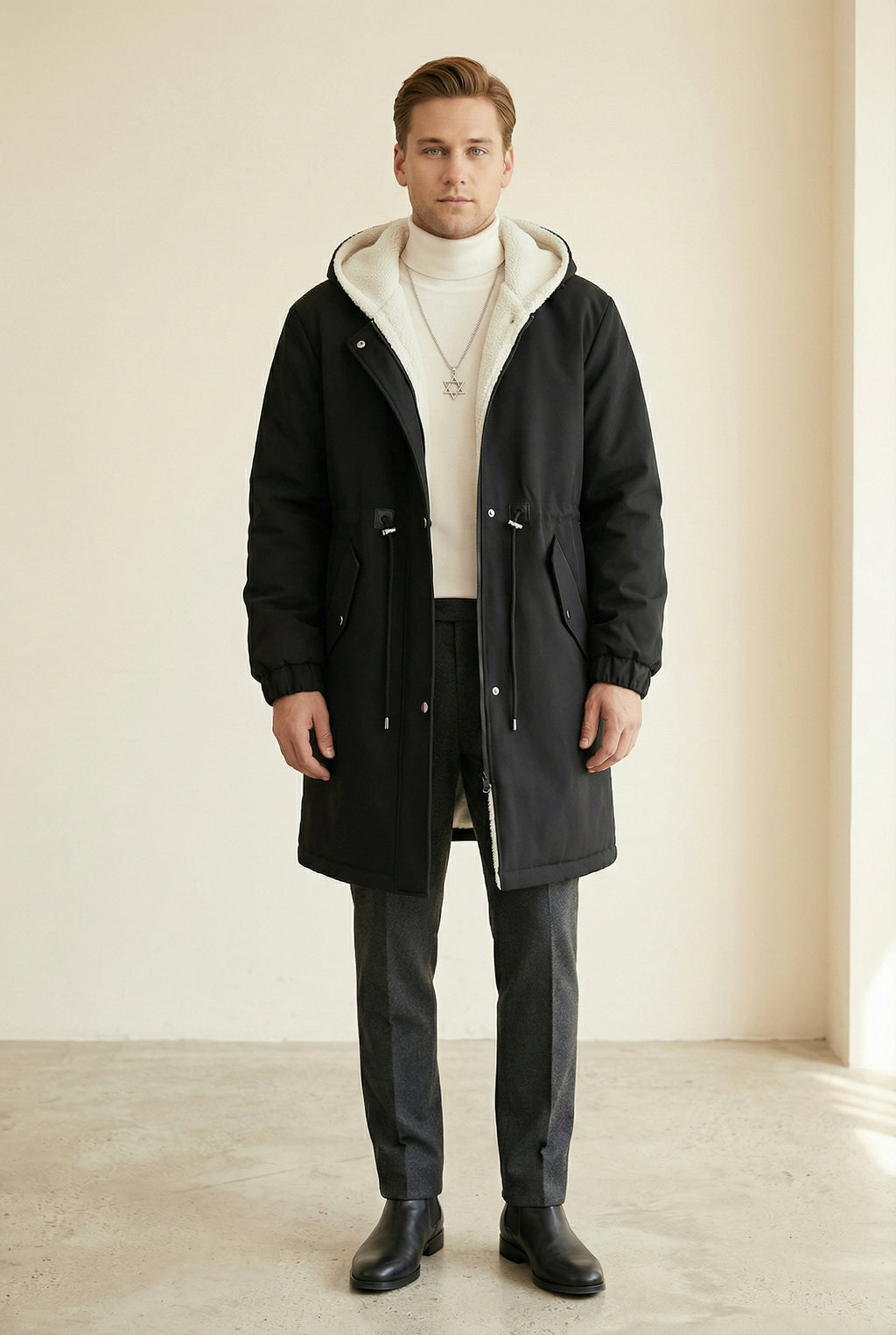 MONSEN Suitory Mid-Length Hooded Trench-Style Coat in Wool product image