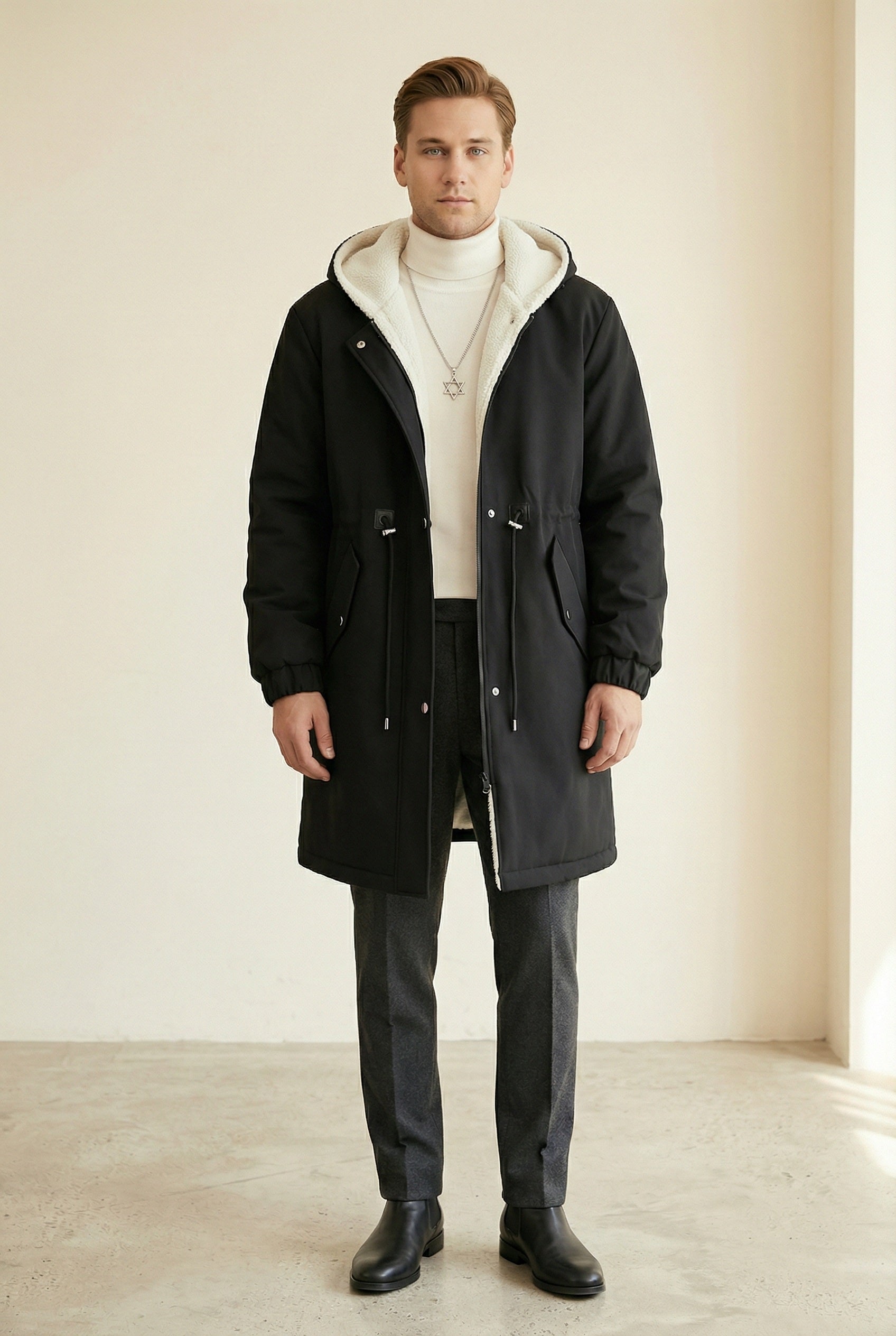 MONSEN Suitory Mid-Length Hooded Trench-Style Coat in Wool product image