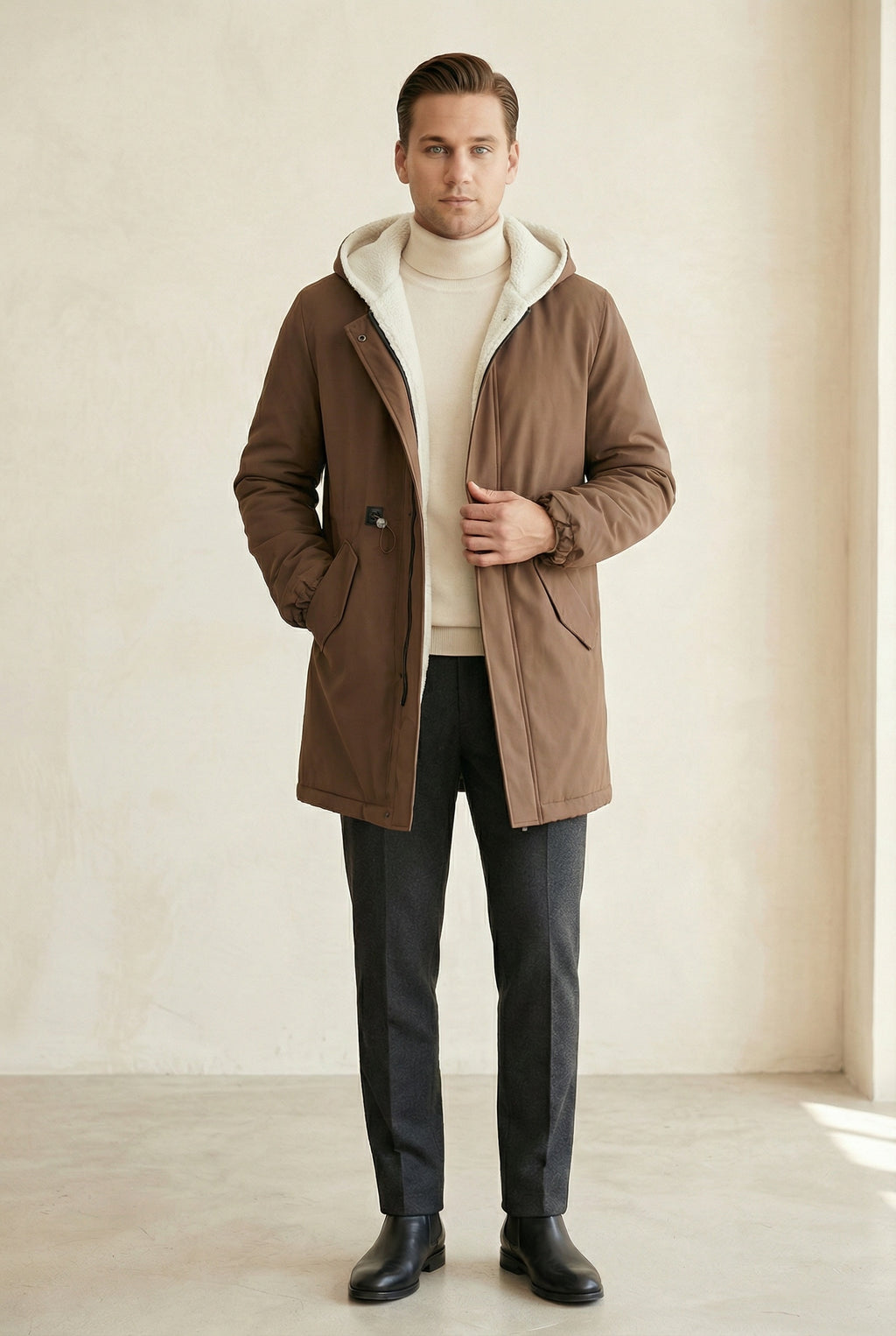 MONSEN Suitory Mid-Length Hooded Trench-Style Coat in Wool product image