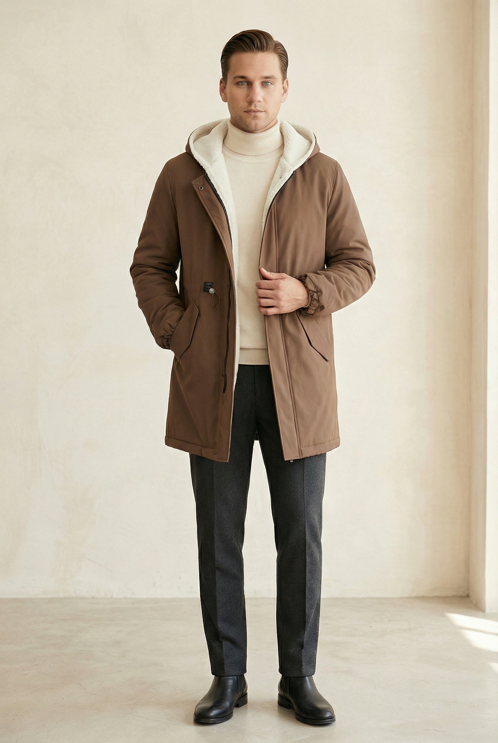 MONSEN Suitory Mid-Length Hooded Trench-Style Coat in Wool product image