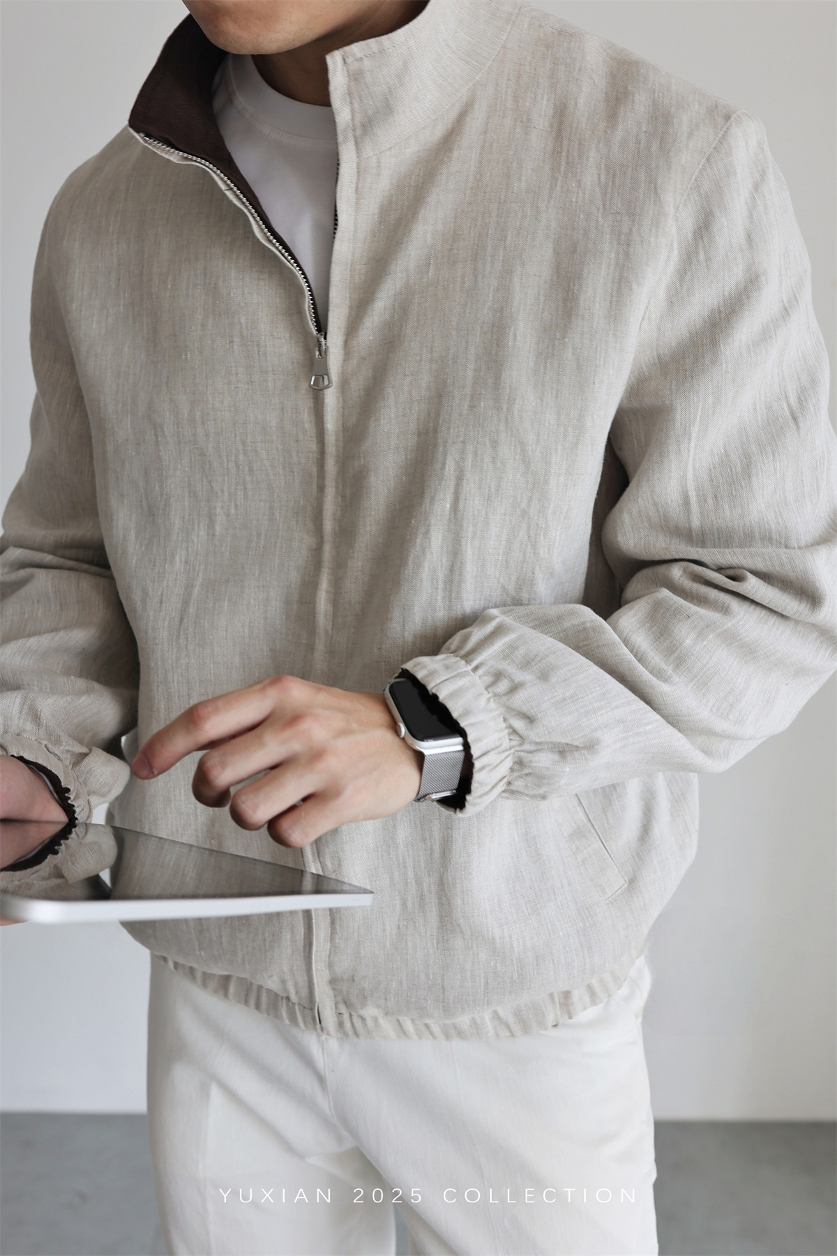 MONSEN Suitory Reversible 100% Linen Stand-Collar Jacket product image