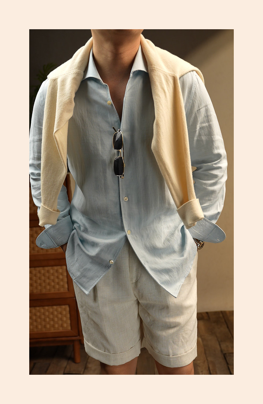 MONSEN Suitory One-Piece Collar Textured Shirt in Linen product image