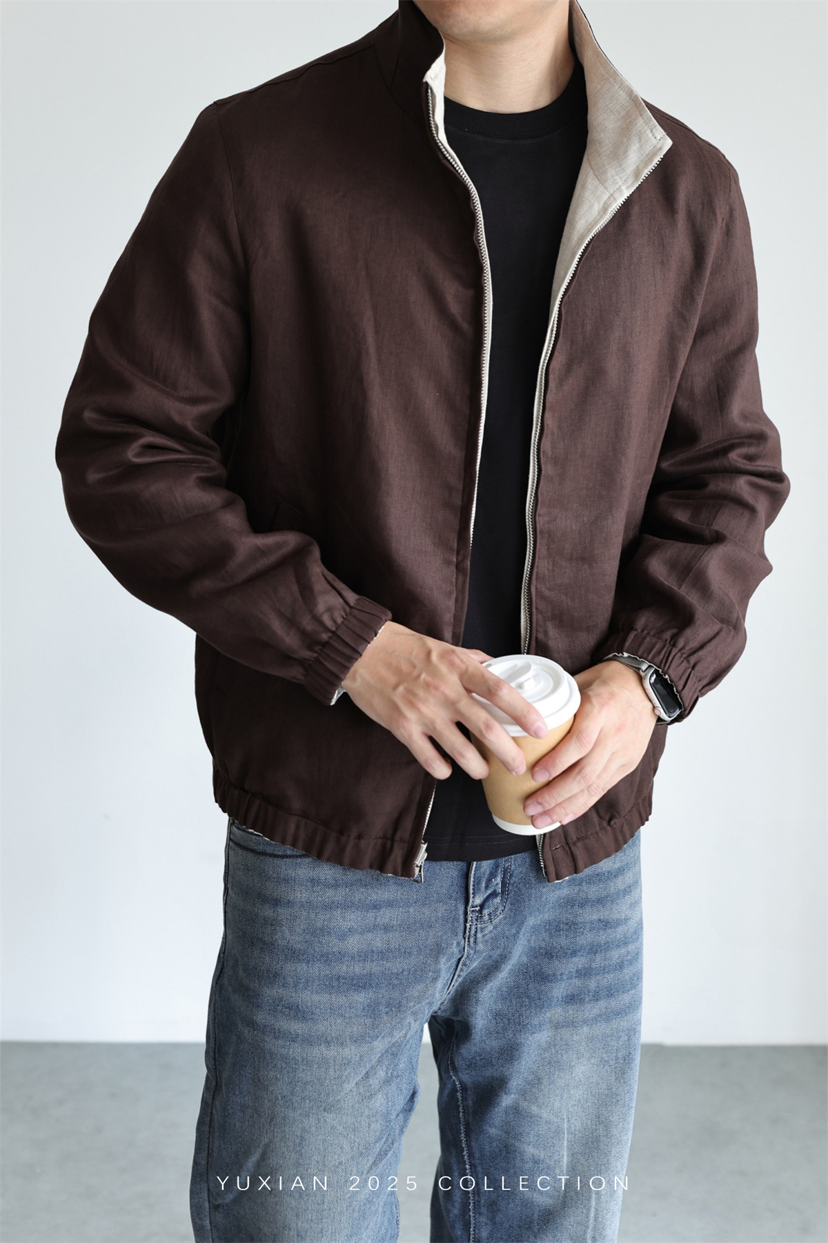MONSEN Suitory Reversible 100% Linen Stand-Collar Jacket product image