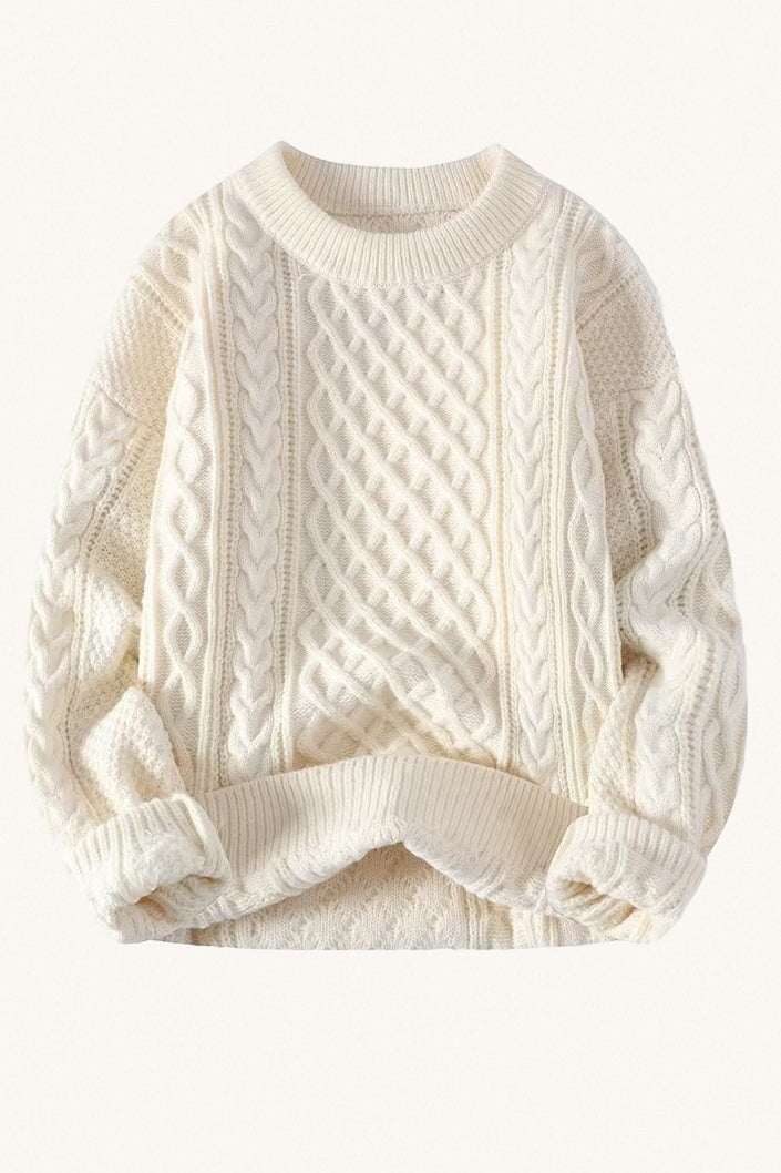 MONSEN Suitory Cable-Knit Crewneck Sweater in Wool front view
