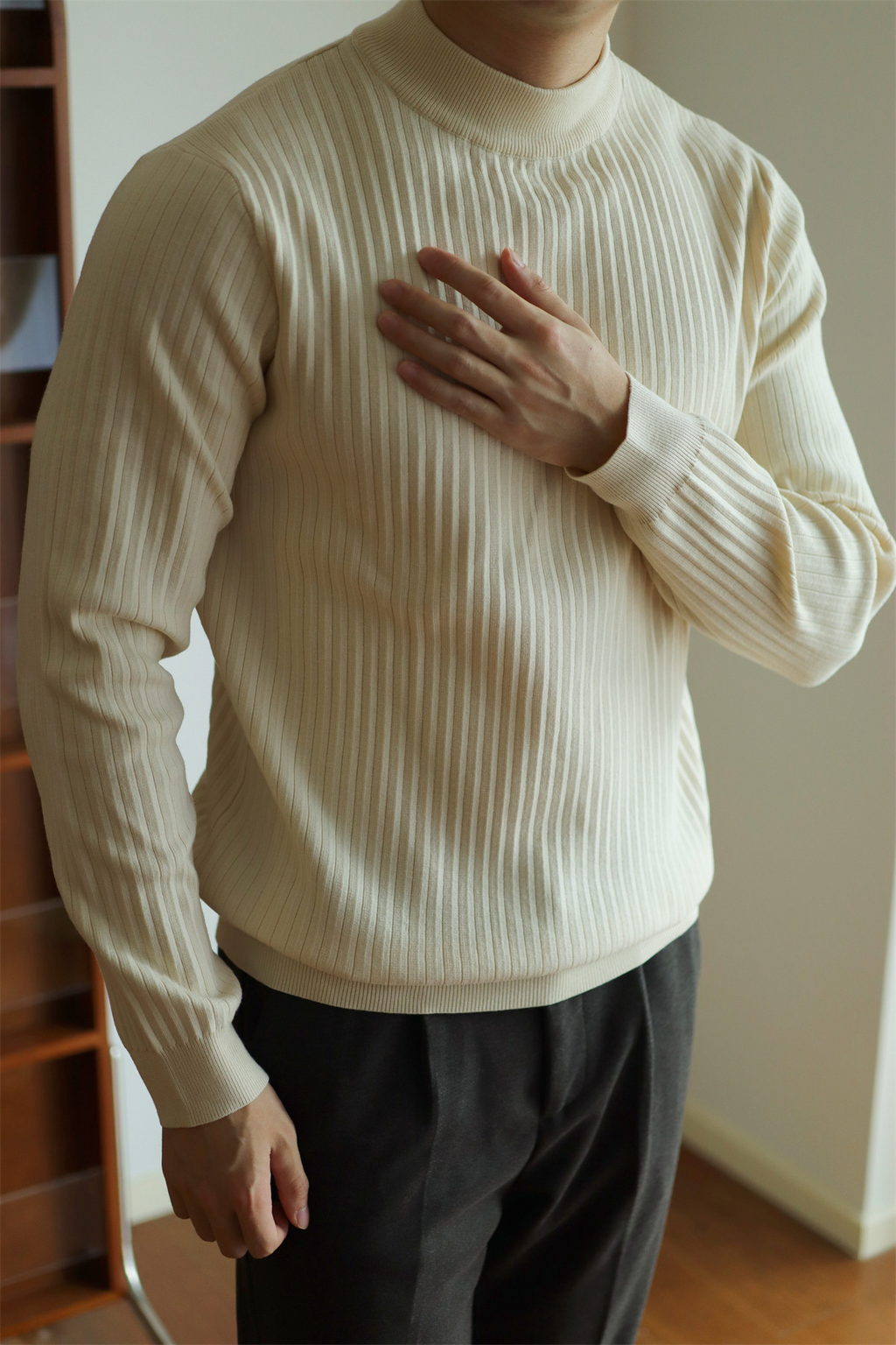 MONSEN Suitory Ribbed Mock Neck Knit Sweater in Fleece-Lined product image