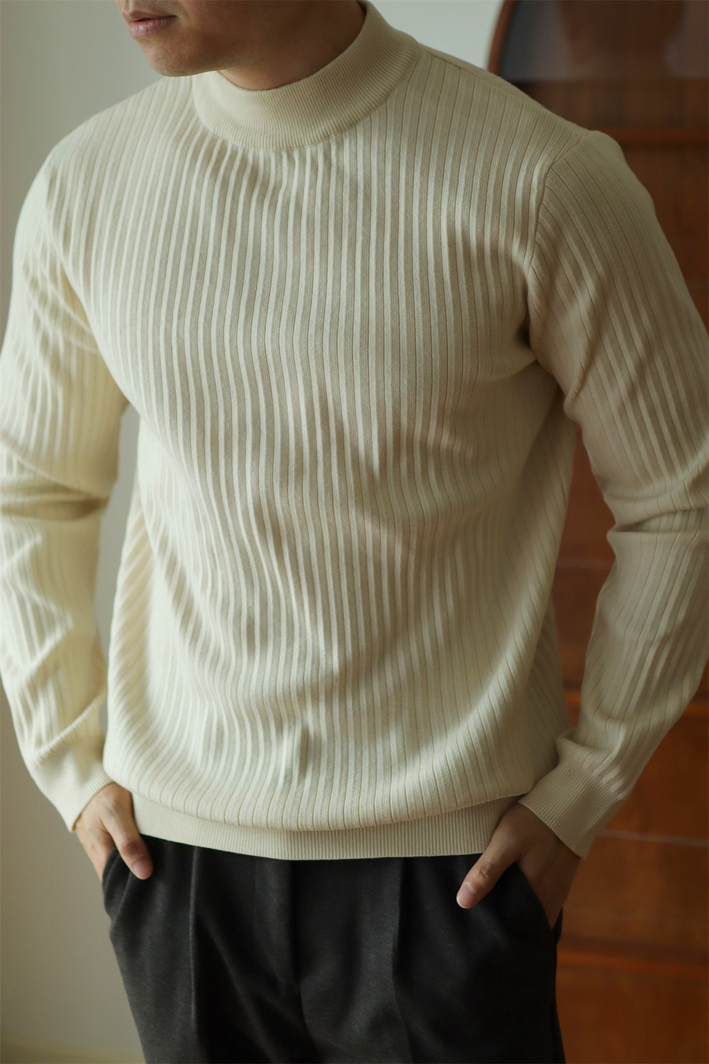 MONSEN Suitory Ribbed Mock Neck Knit Sweater in Fleece-Lined product image