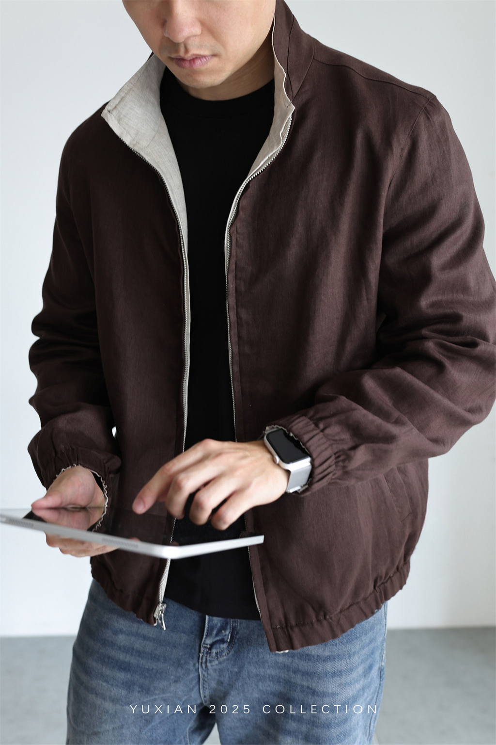 MONSEN Suitory Reversible 100% Linen Stand-Collar Jacket product image