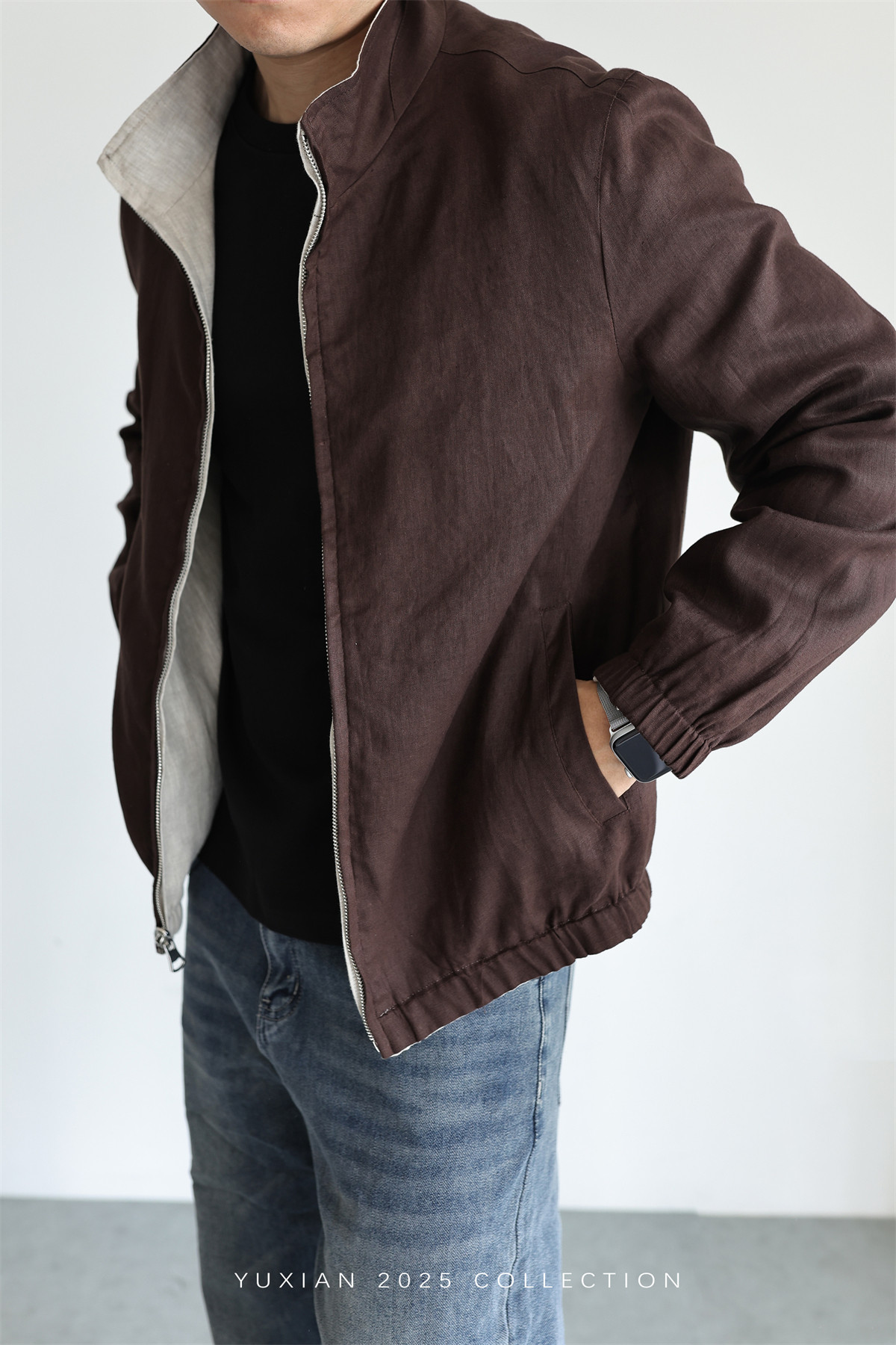 MONSEN Suitory Reversible 100% Linen Stand-Collar Jacket product image