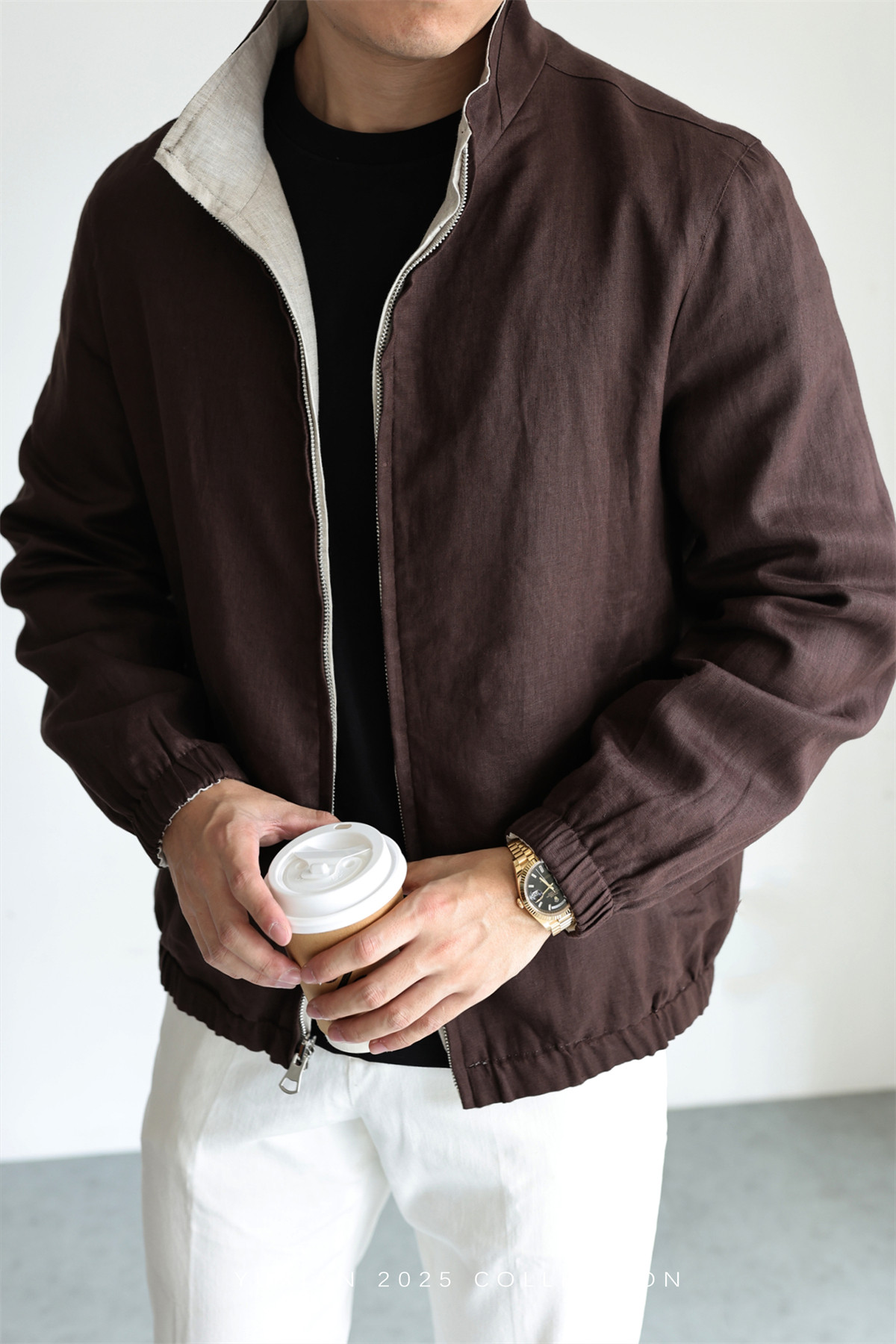 MONSEN Suitory Reversible 100% Linen Stand-Collar Jacket product image