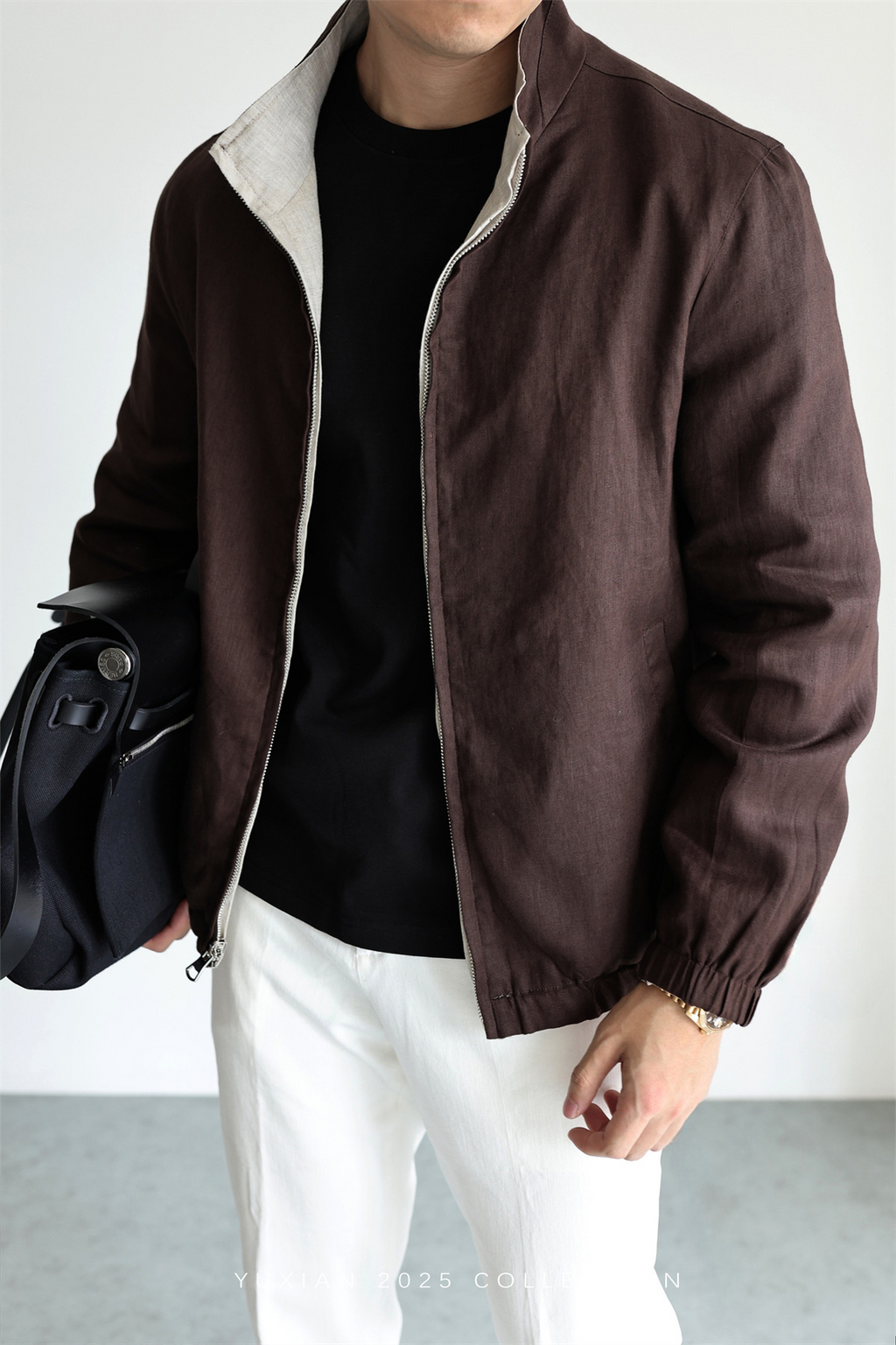MONSEN Suitory Reversible 100% Linen Stand-Collar Jacket product image