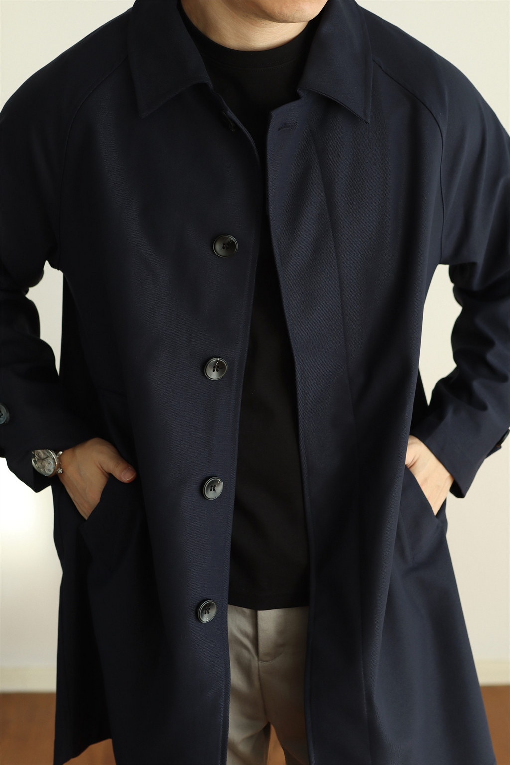 Concealed-Placket Mid-Length Trench Coat