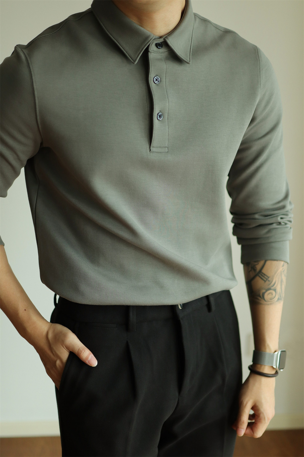 Air-Layer Cotton Long Sleeve Polo