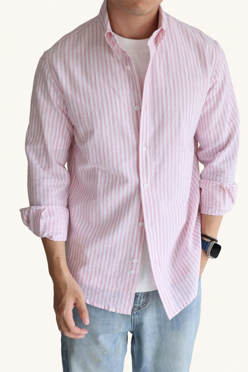 MONSEN Suitory Linen-Cotton Stripe Shirt front view