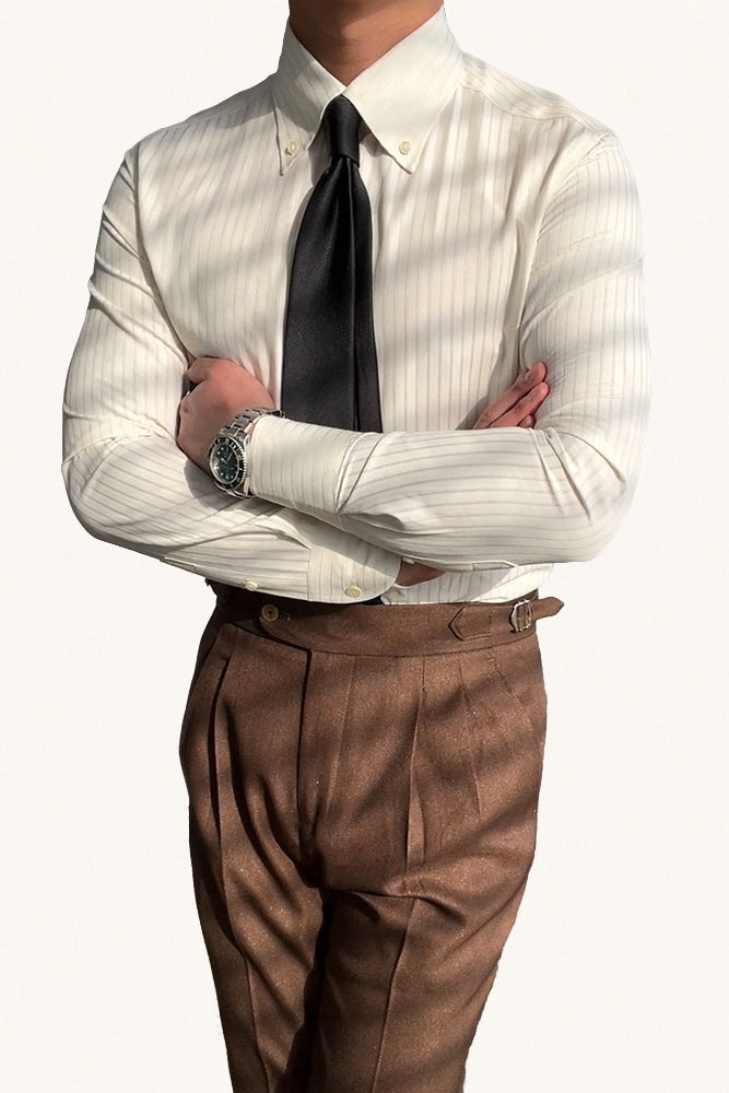 MONSEN Suitory Long-Point Collar Striped Shirt in Cotton front view