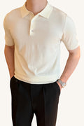 MONSEN Suitory Slim-Fit Solid Knit Polo in Denim front view