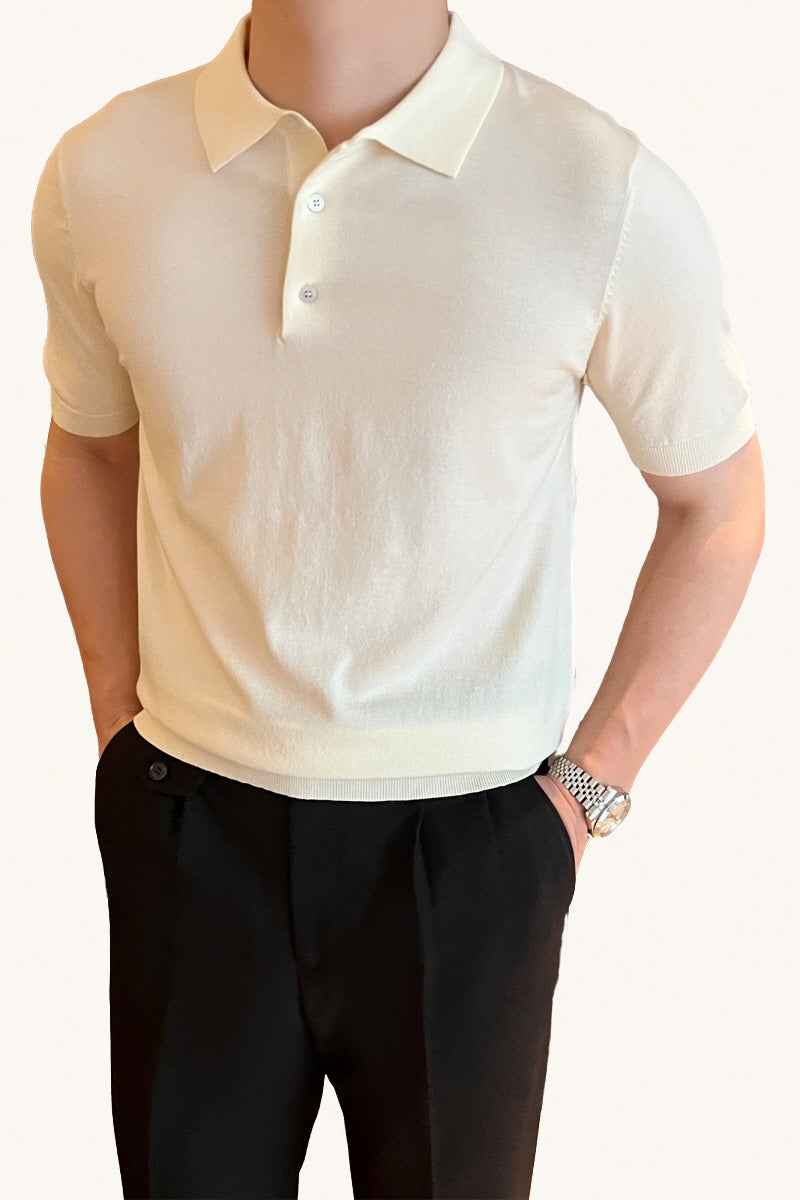 MONSEN Suitory Slim-Fit Solid Knit Polo in Denim front view