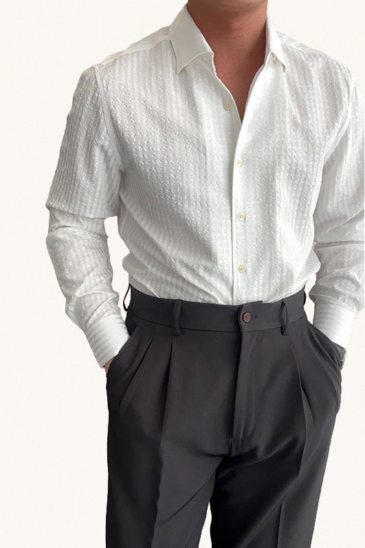 MONSEN Suitory Seersucker Stripe Shirt in Cotton front view