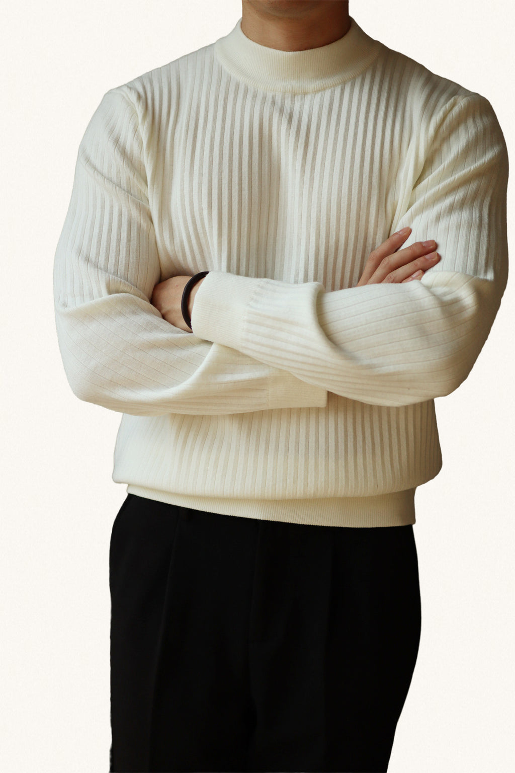MONSEN Suitory Ribbed Mock Neck Knit Sweater in Fleece-Lined front view