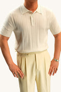 MONSEN Suitory Old-Money Textured Knit Polo in Denim front view
