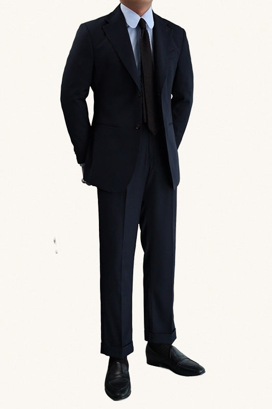 MONSEN Suitory Napoli Navy Dark-Stripe Suit in Wool front view