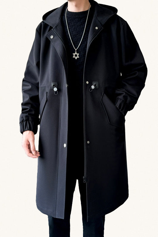 MONSEN Suitory Mid-Length Hooded Trench-Style Coat in Wool front view