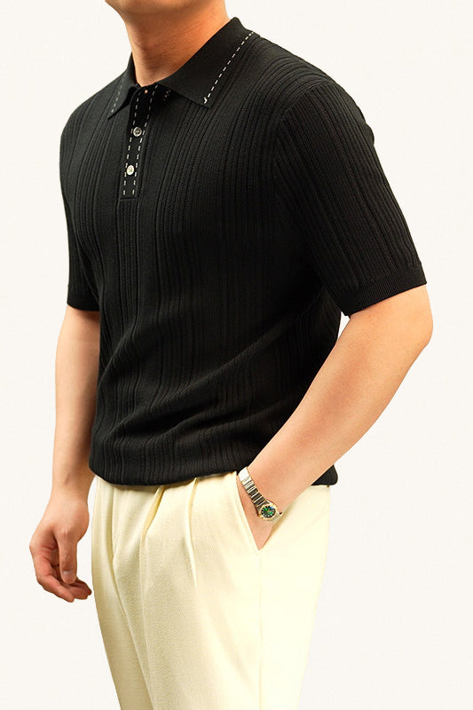 MONSEN Suitory Old-Money Textured Knit Polo in Denim product image