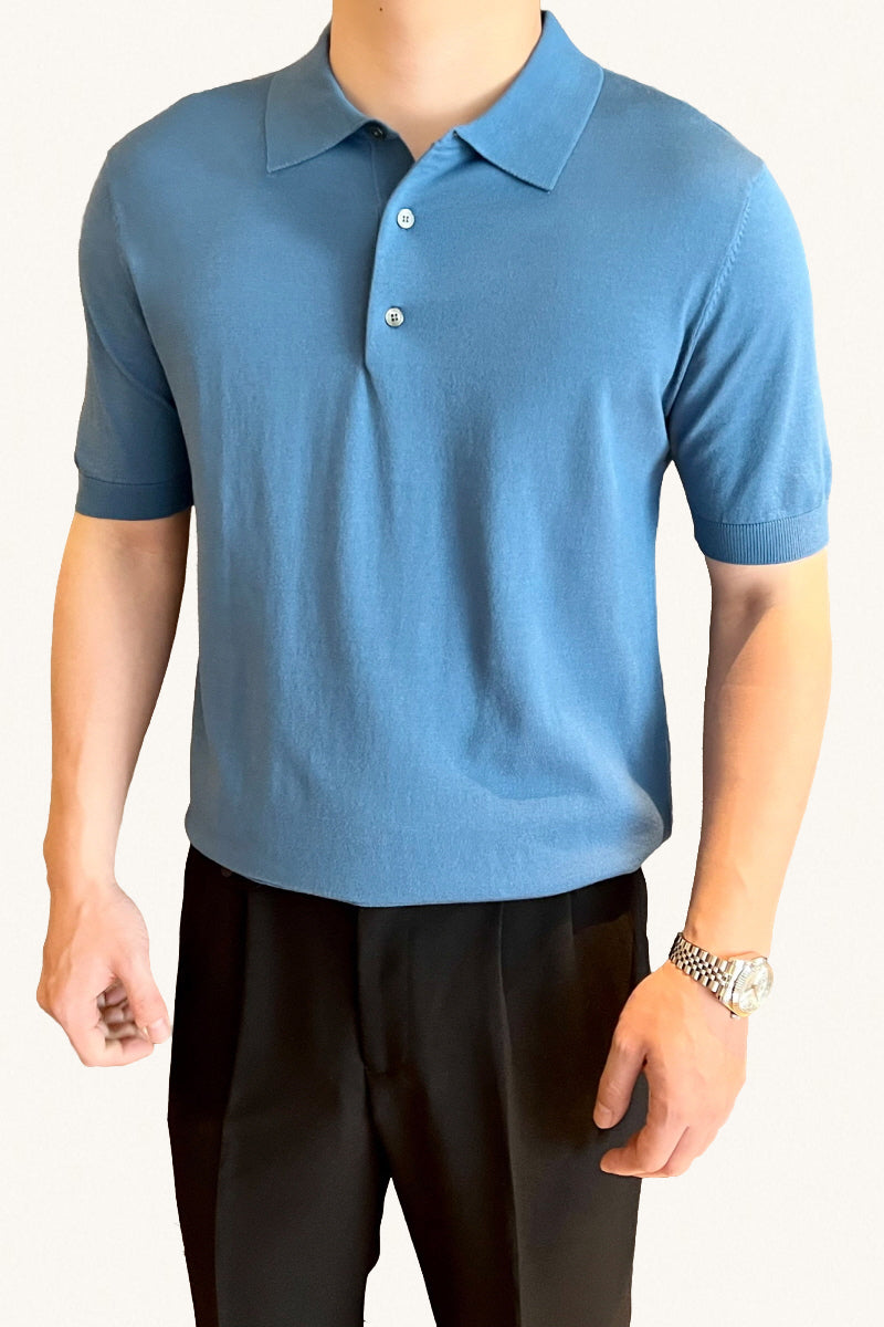 MONSEN Suitory Slim-Fit Solid Knit Polo in Denim product image