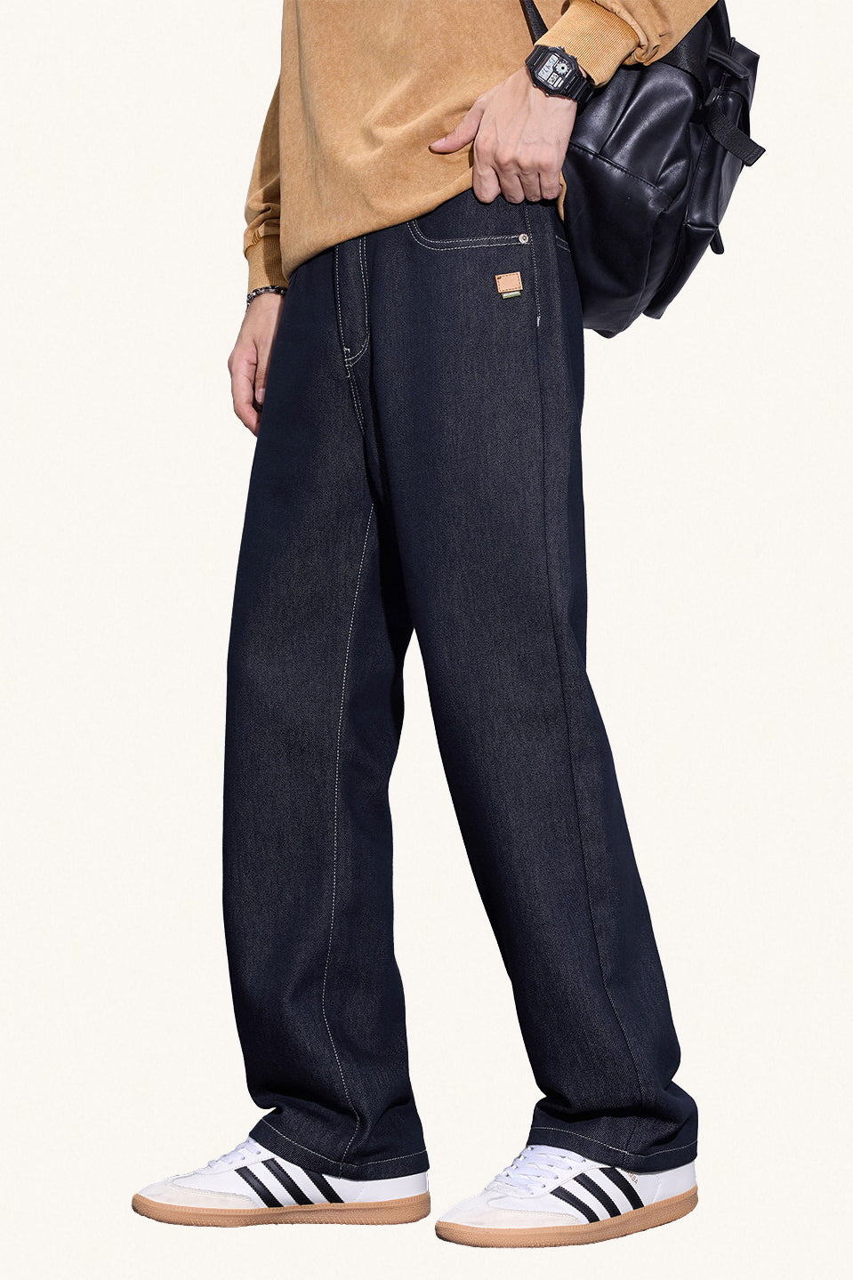 MONSEN Suitory Fleece-Lined Washed Wide-Leg Jeans product image