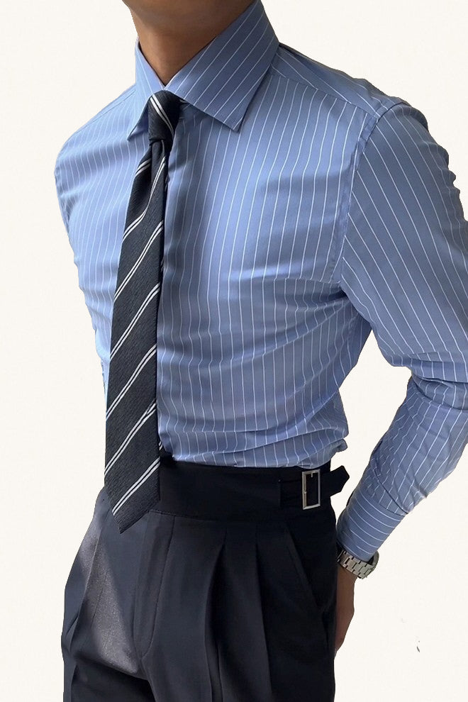 MONSEN Suitory Windsor Collar Striped Shirt in Cotton front view