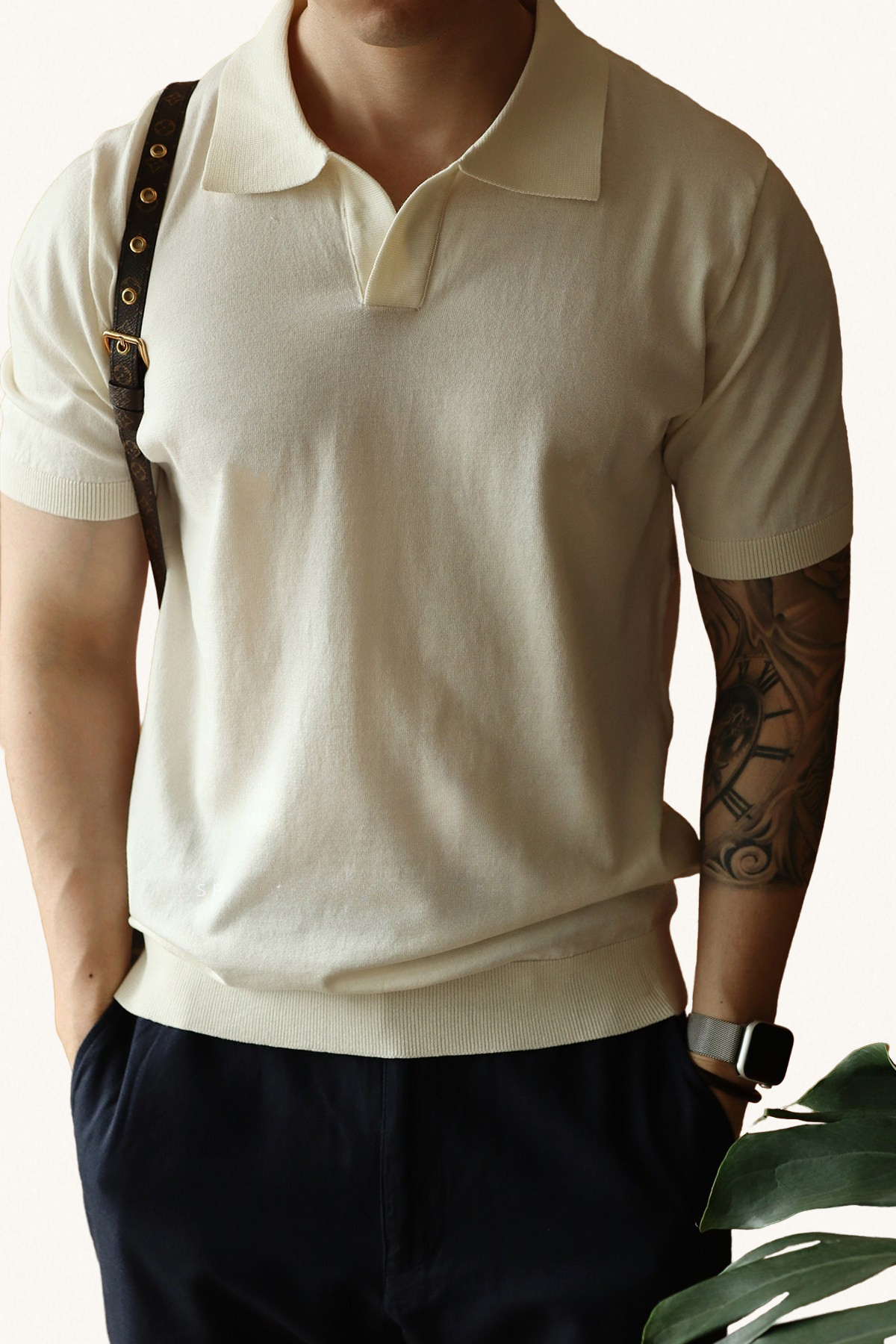 MONSEN Suitory Tencel-Drape V-Neck Knit Polo front view