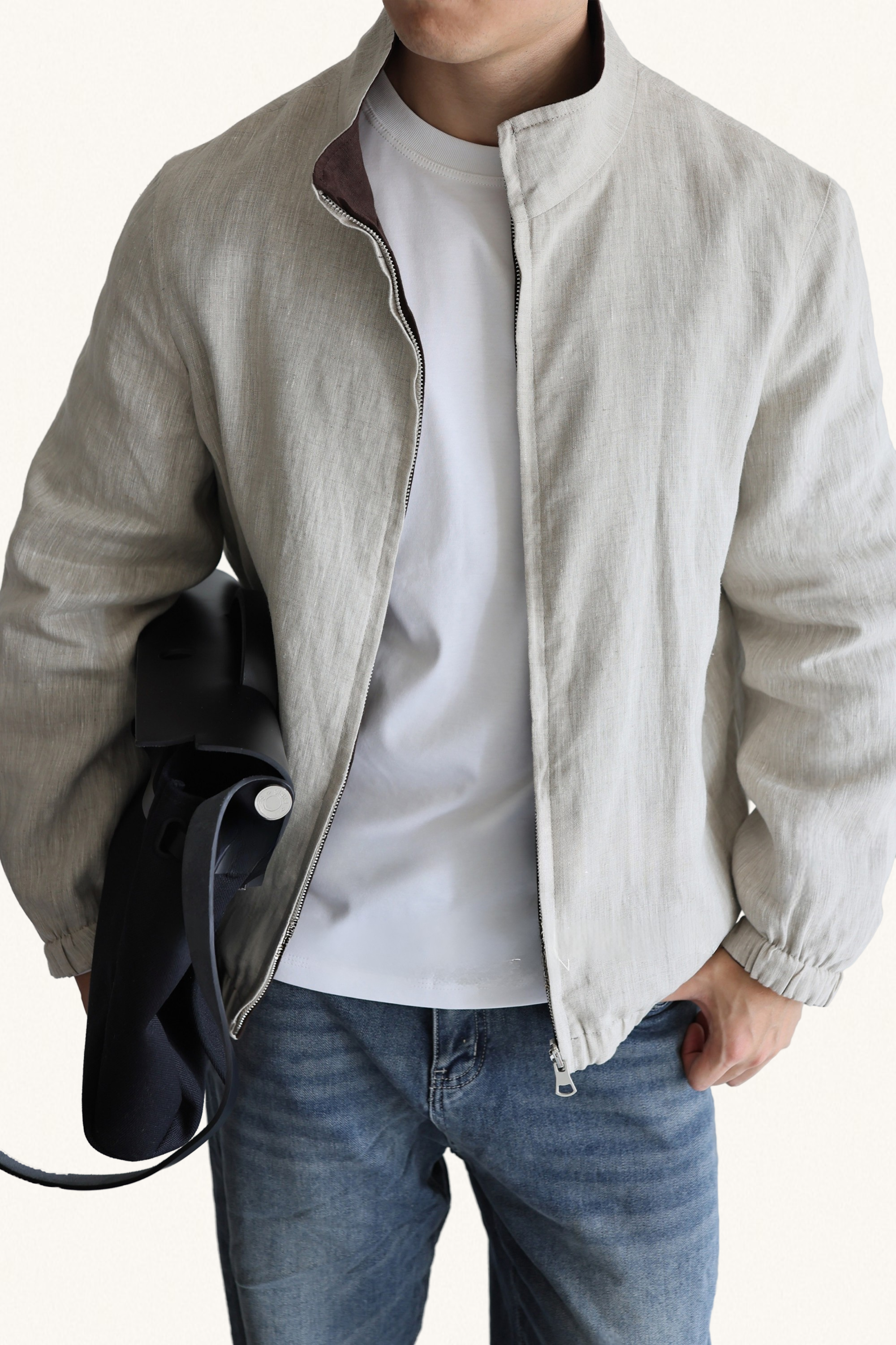 MONSEN Suitory Reversible 100% Linen Stand-Collar Jacket front view